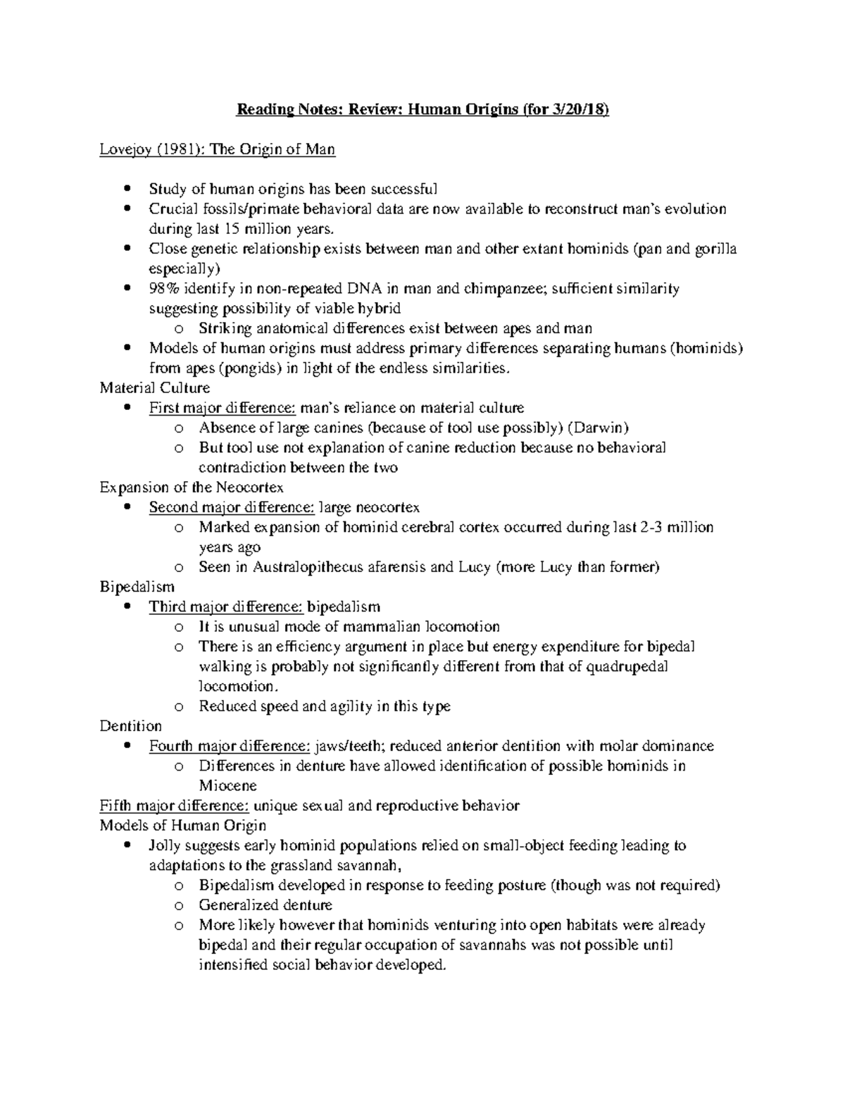 Reading Notes 3 20 18 - Reading Notes: Review: Human Origins (for 3/20 ...