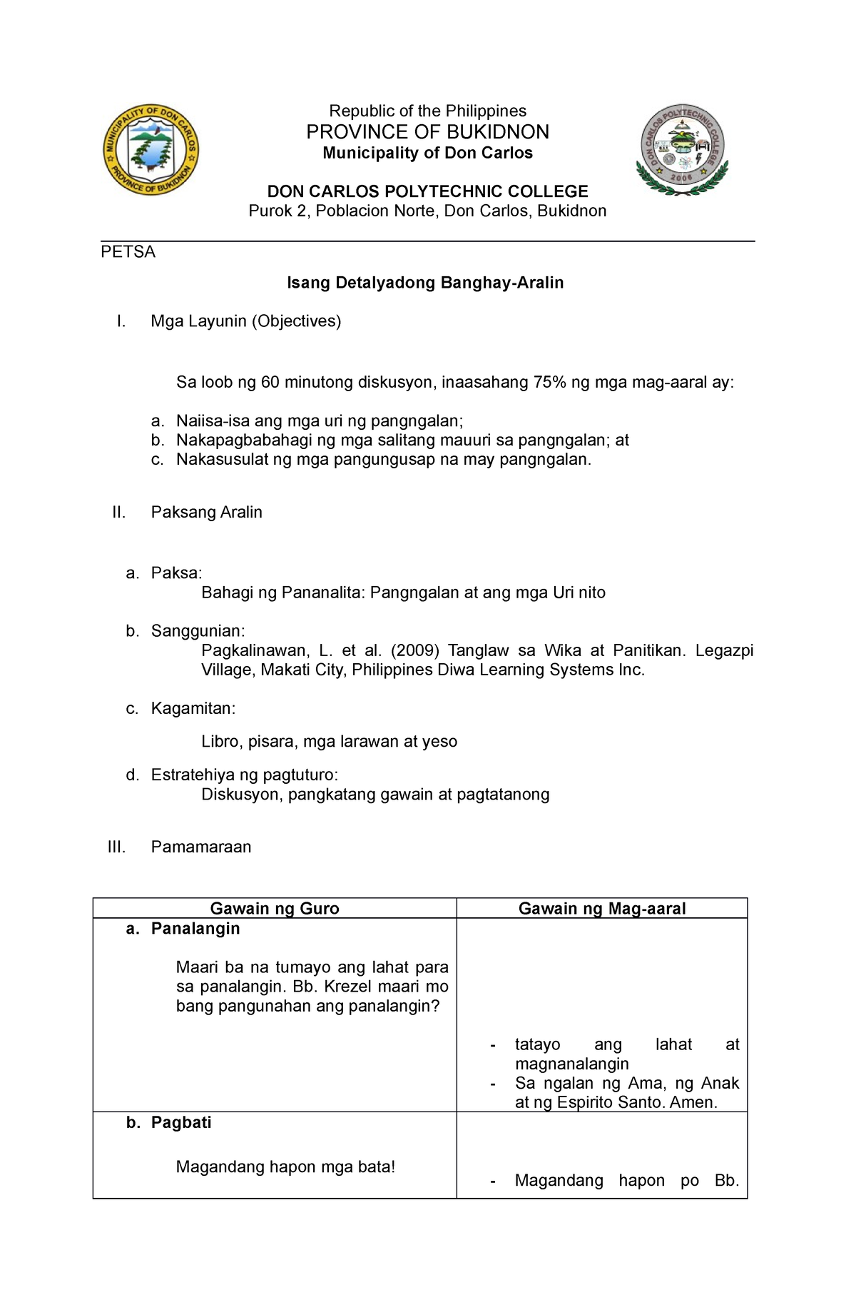 Bahagi NG Pananalita Lesson PLAN 2 - Republic of the Philippines ...