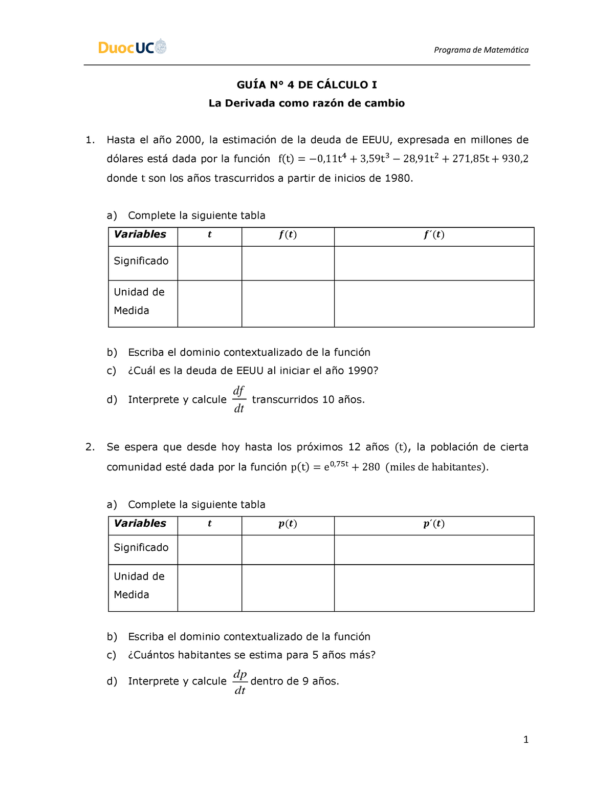 Guia 4 Calculo 1 La Derivada Como Razan De Cambio - GUÍA N° 4 DE ...