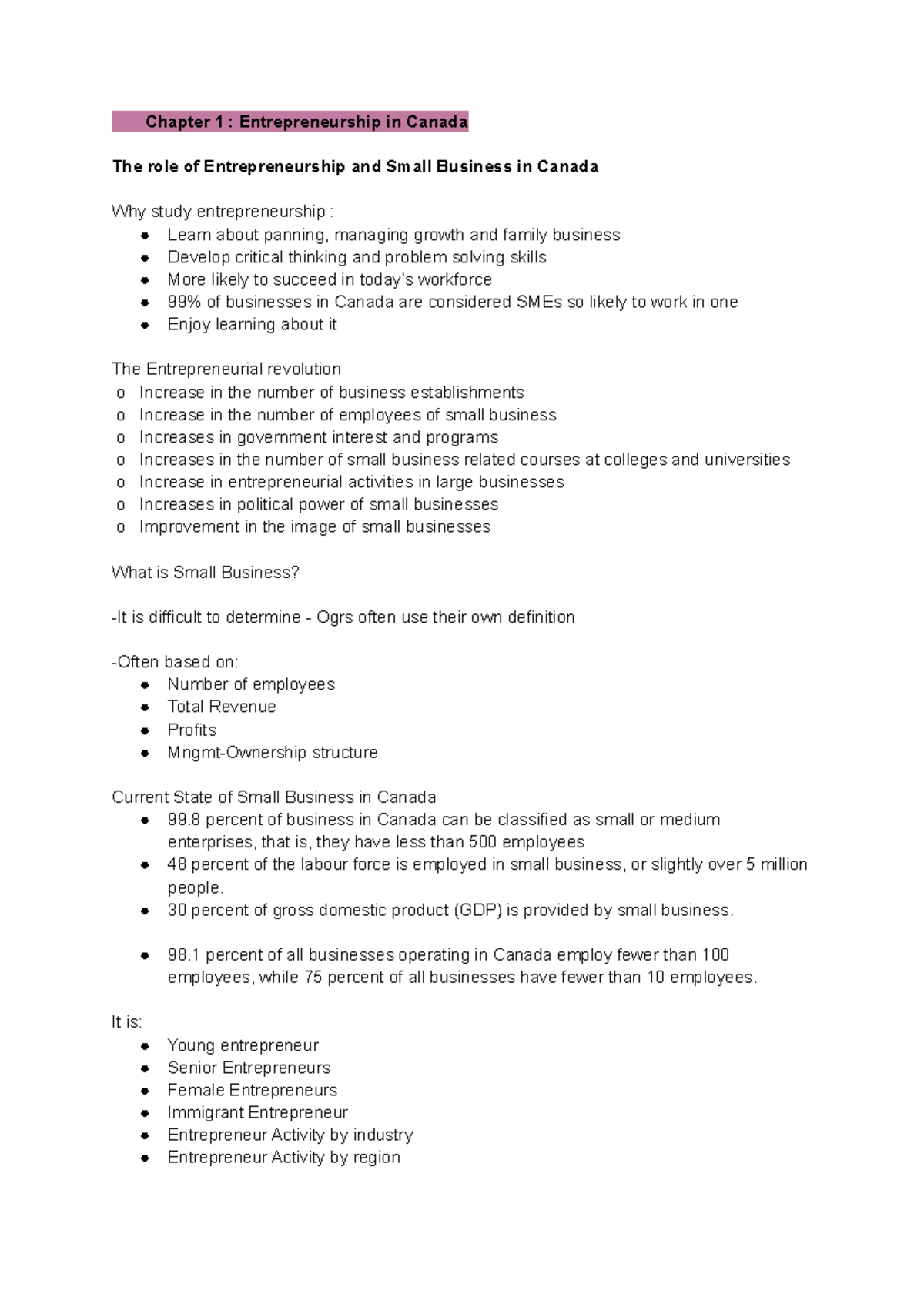 COMM 320 Midterm Notes - Chapter 1-5 - Chapter 1 : Entrepreneurship in ...