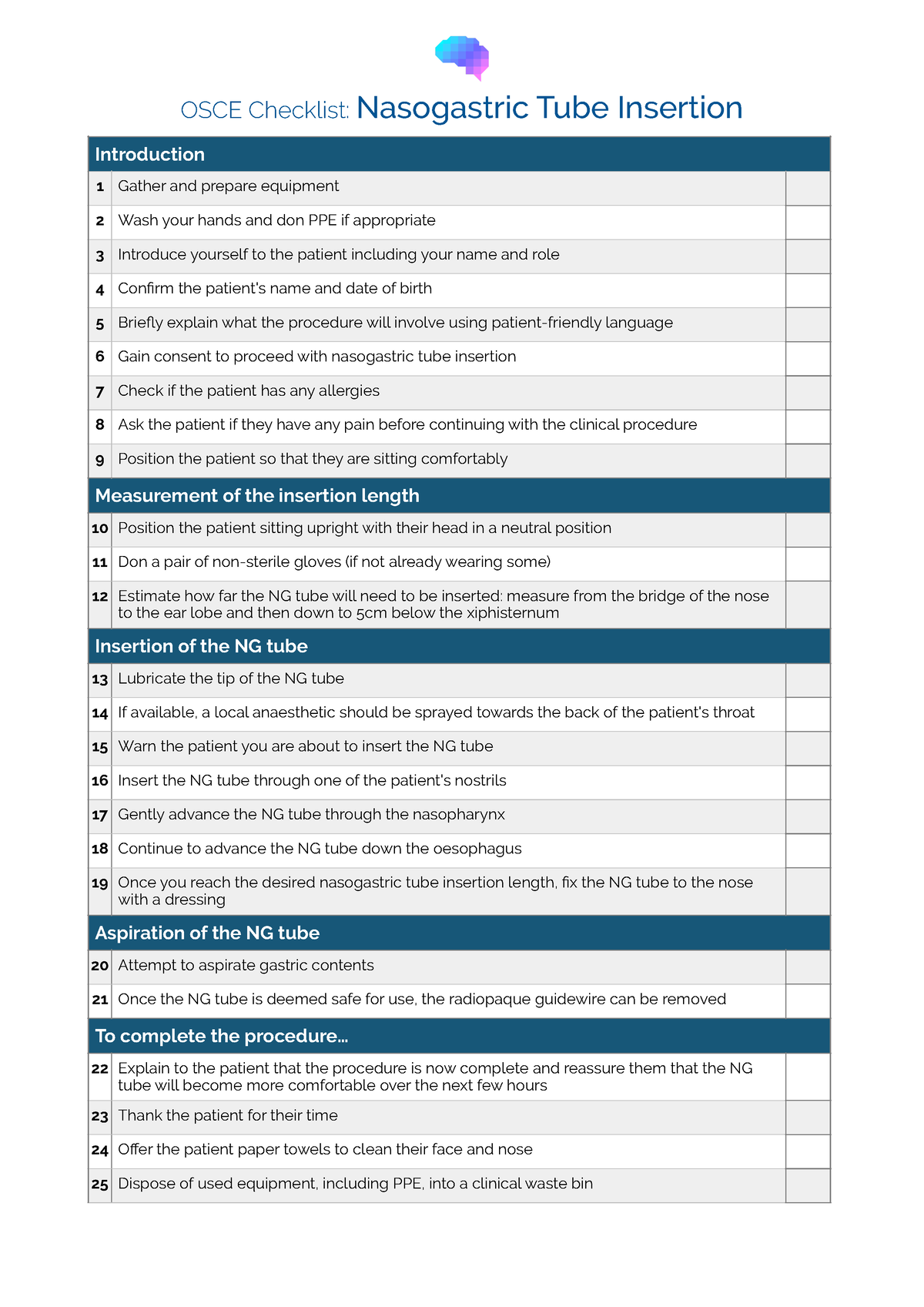 OSCE Checklist Nasogastric NG Tube Insertion - OSCE Checklist ...