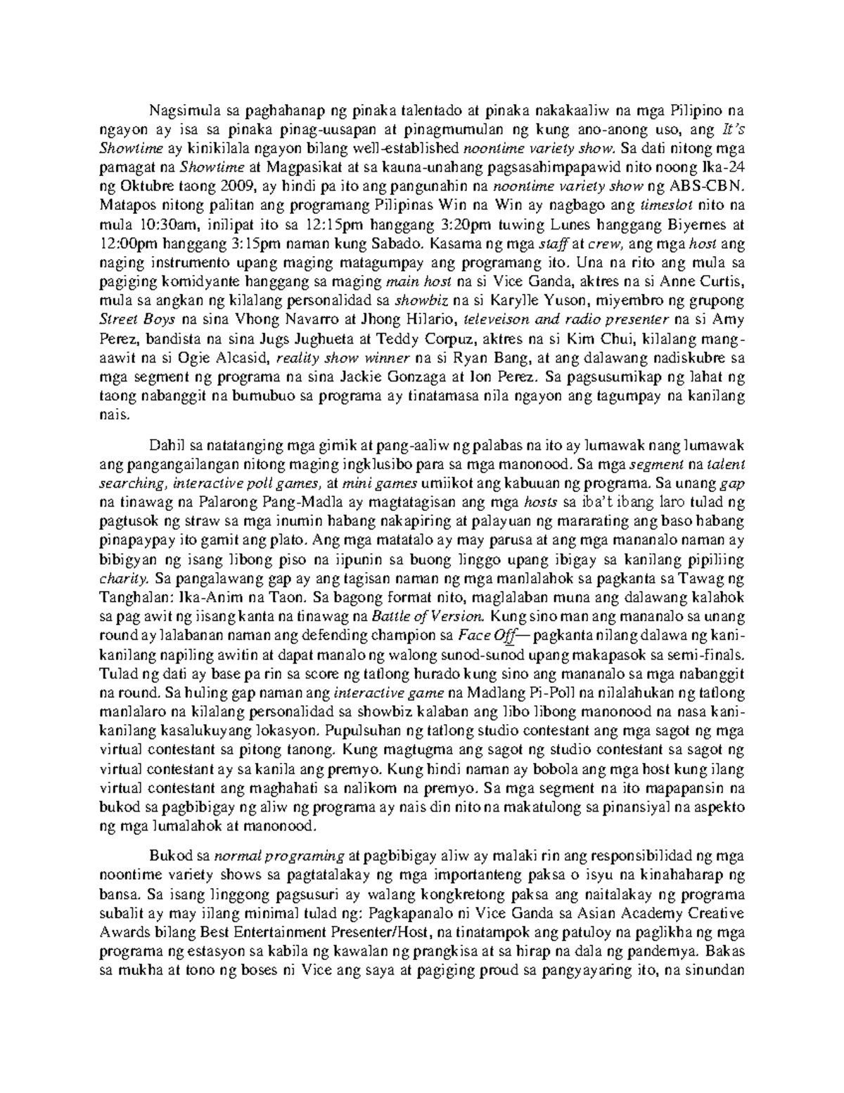 Analysis - essay - Nagsimula sa paghahanap ng pinaka talentado at ...