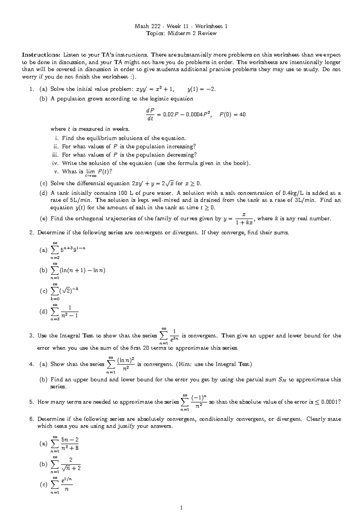 222-Wk11 - Midterm 2 Review - Math 222 - Week 11 - Worksheet 1 Topics ...