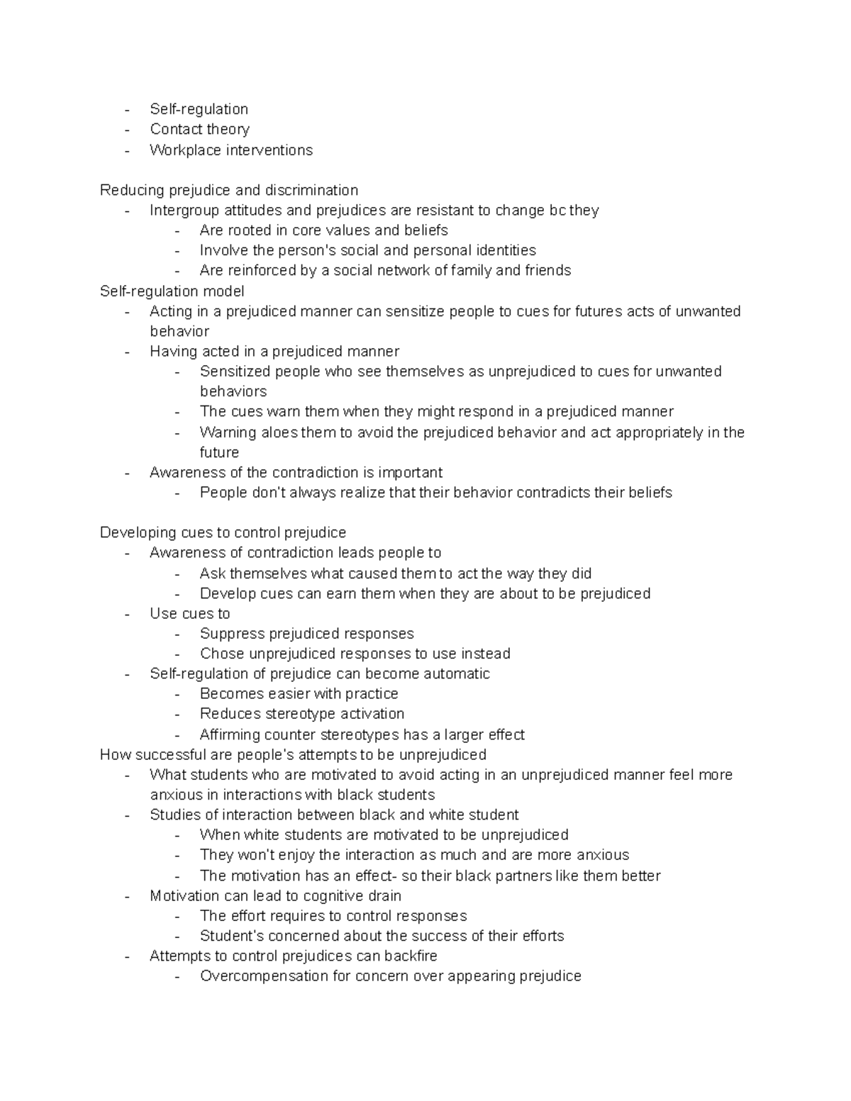 Lecture 13 notes - Self-regulation Contact theory Workplace ...