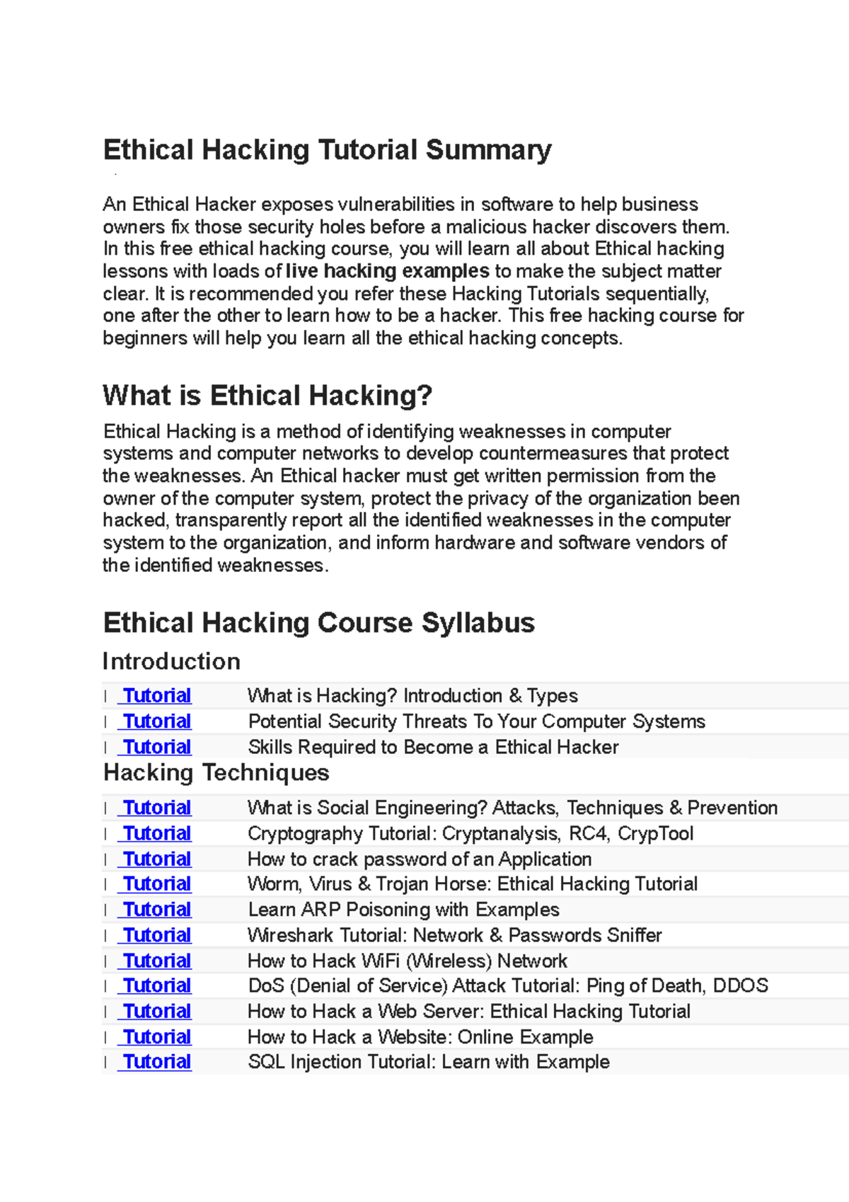 Ethical Hacking Tutorial Summary - In This Free Ethical Hacking Course ...