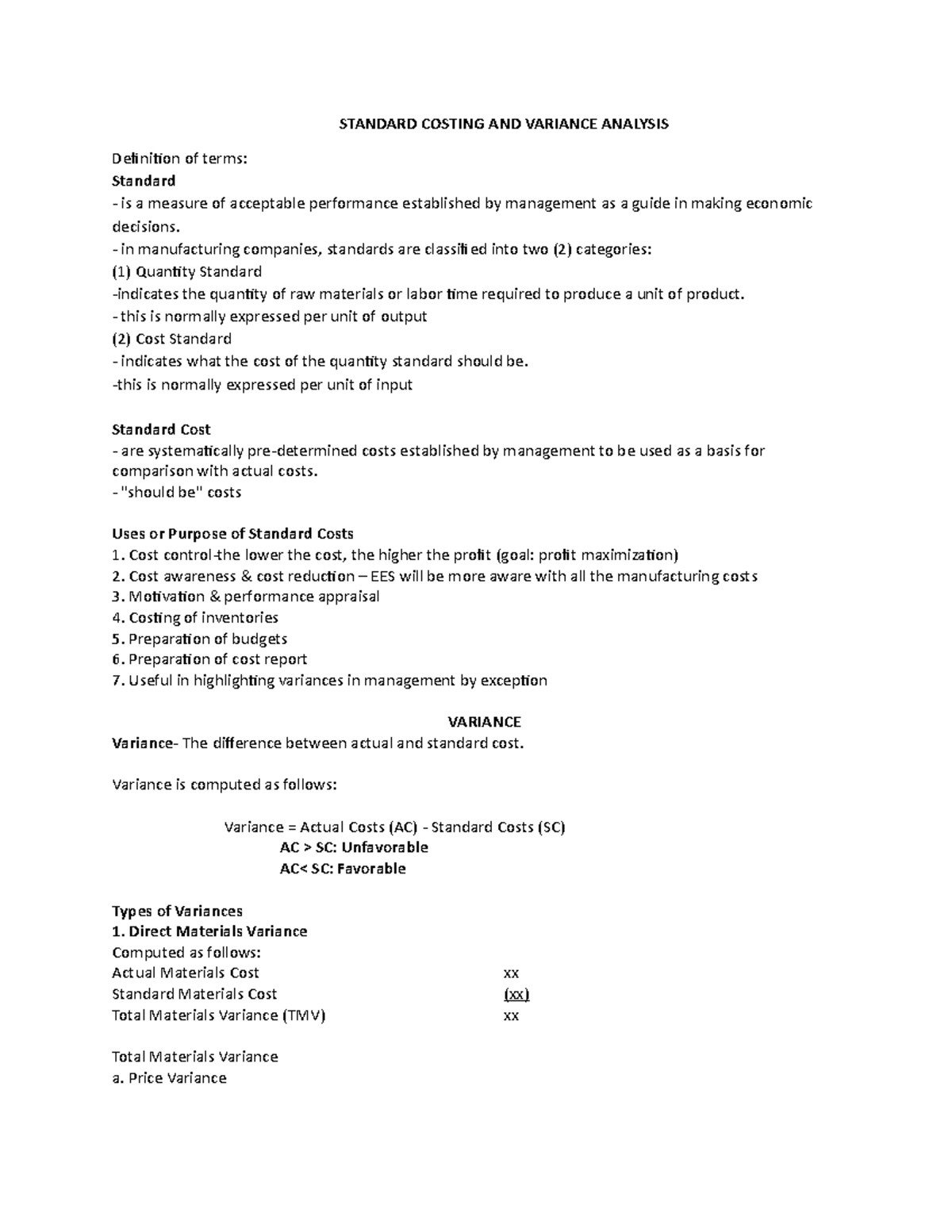 Aninon ACC228 Standard Costing and Varuance Analysis Focus Notes ...