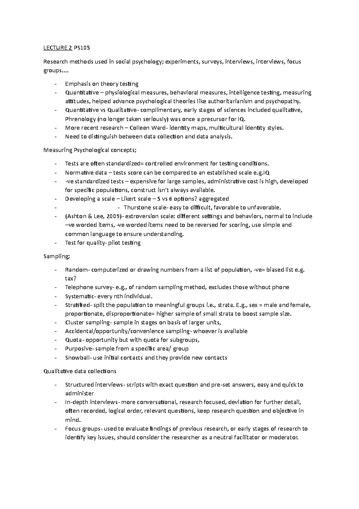 PS105 Lecture 2 LECTURE 2 PS Research methods used in social
