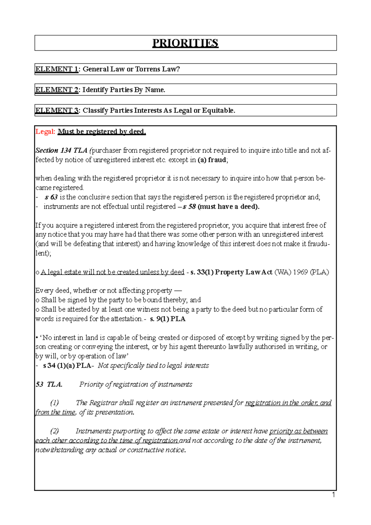 Priorities Property law steps - PRIORITIES ELEMENT 1: General Law or ...