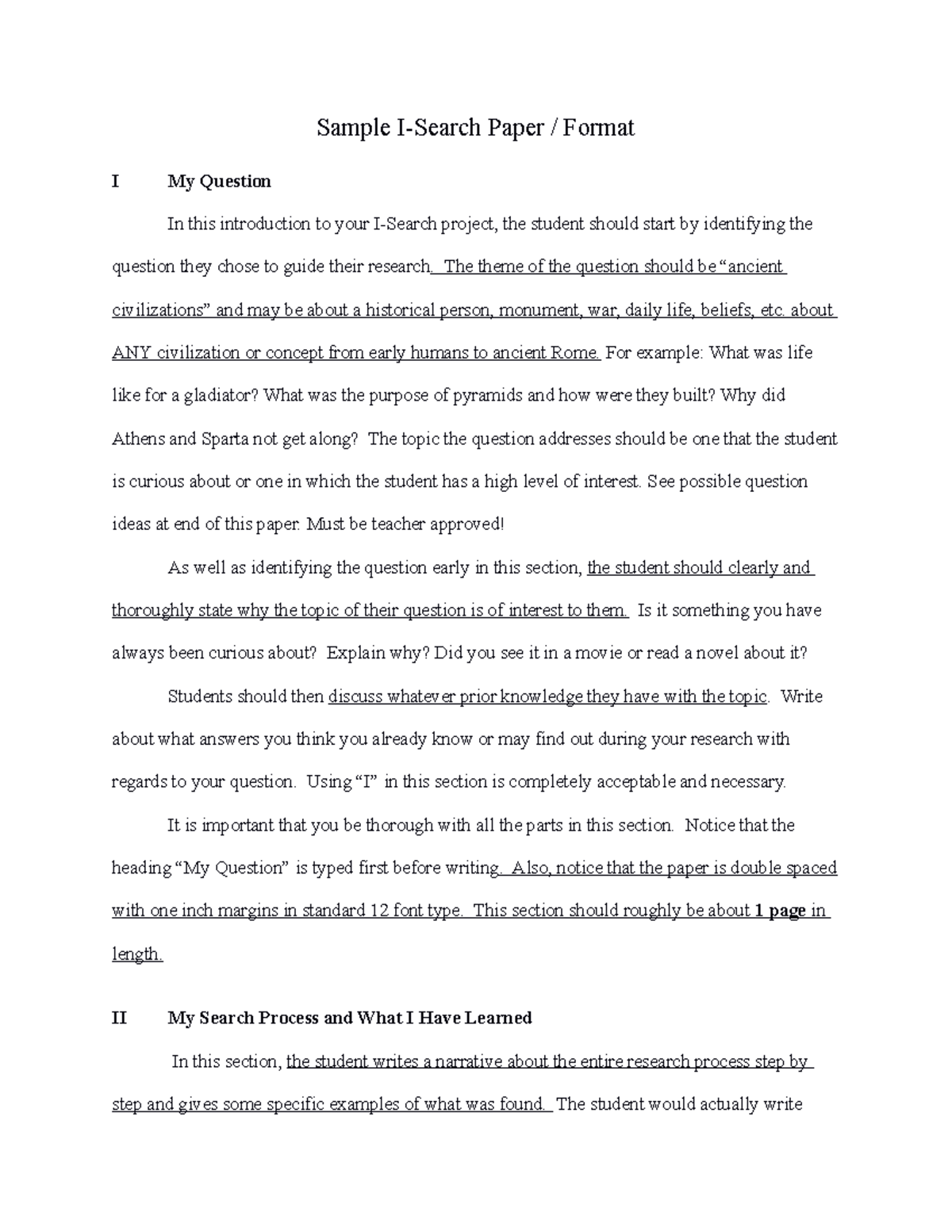 Sample I-search format - Sample I-Search Paper  Format I My Question 