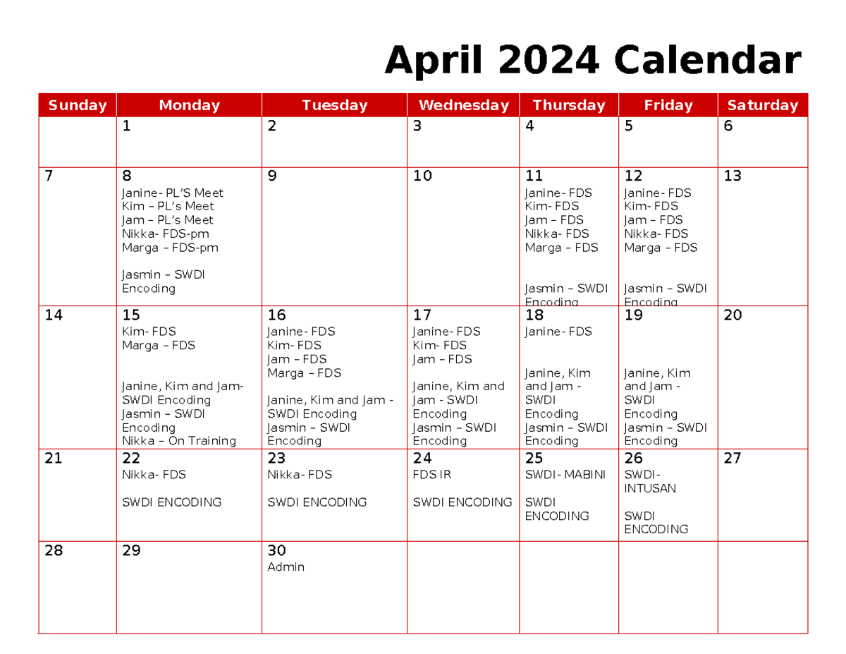 April 2024 - April 2024 Calendar Sunday Monday Tuesday Wednesday 