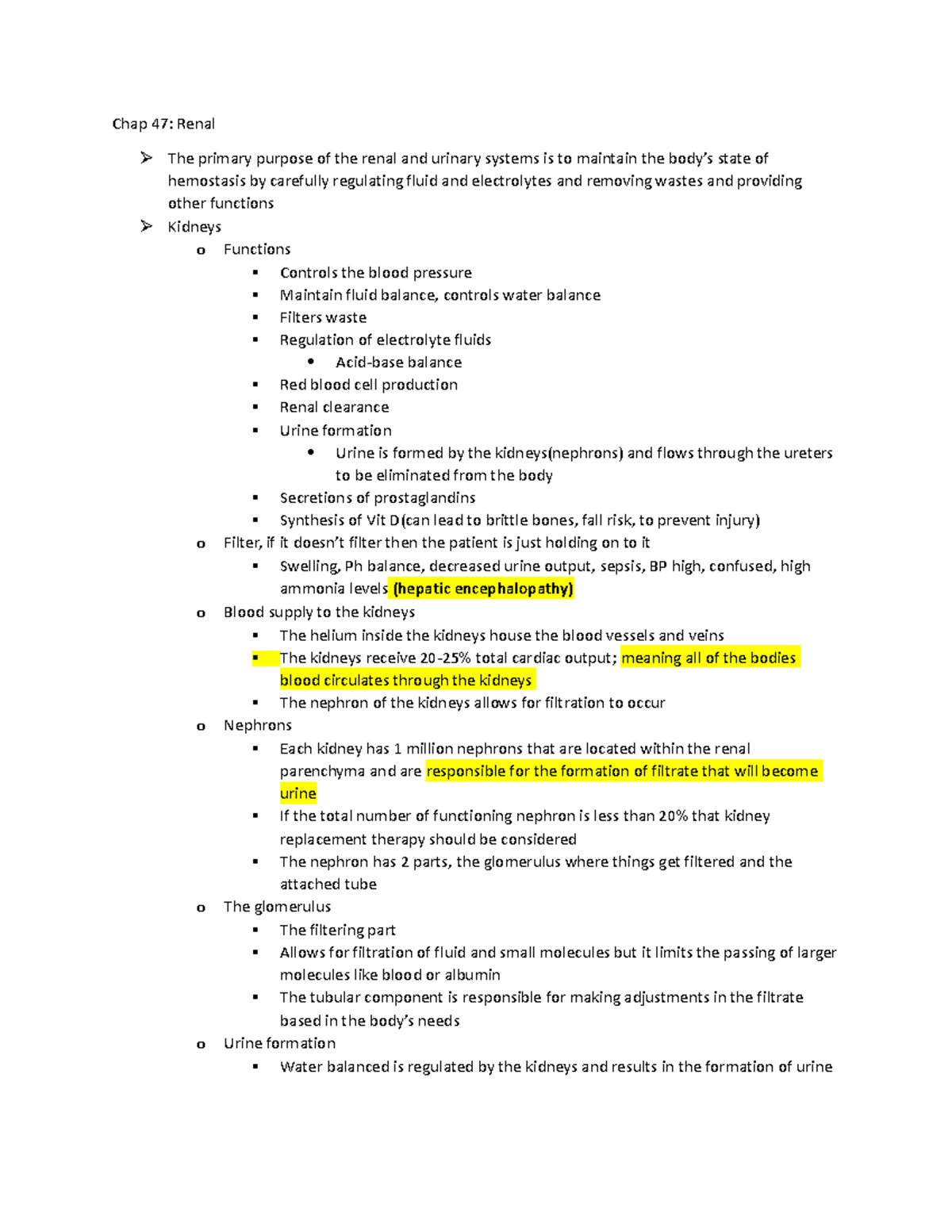 Chp 47 - CKD, AKI lecture notes - Chap 47: Renal The primary purpose of ...