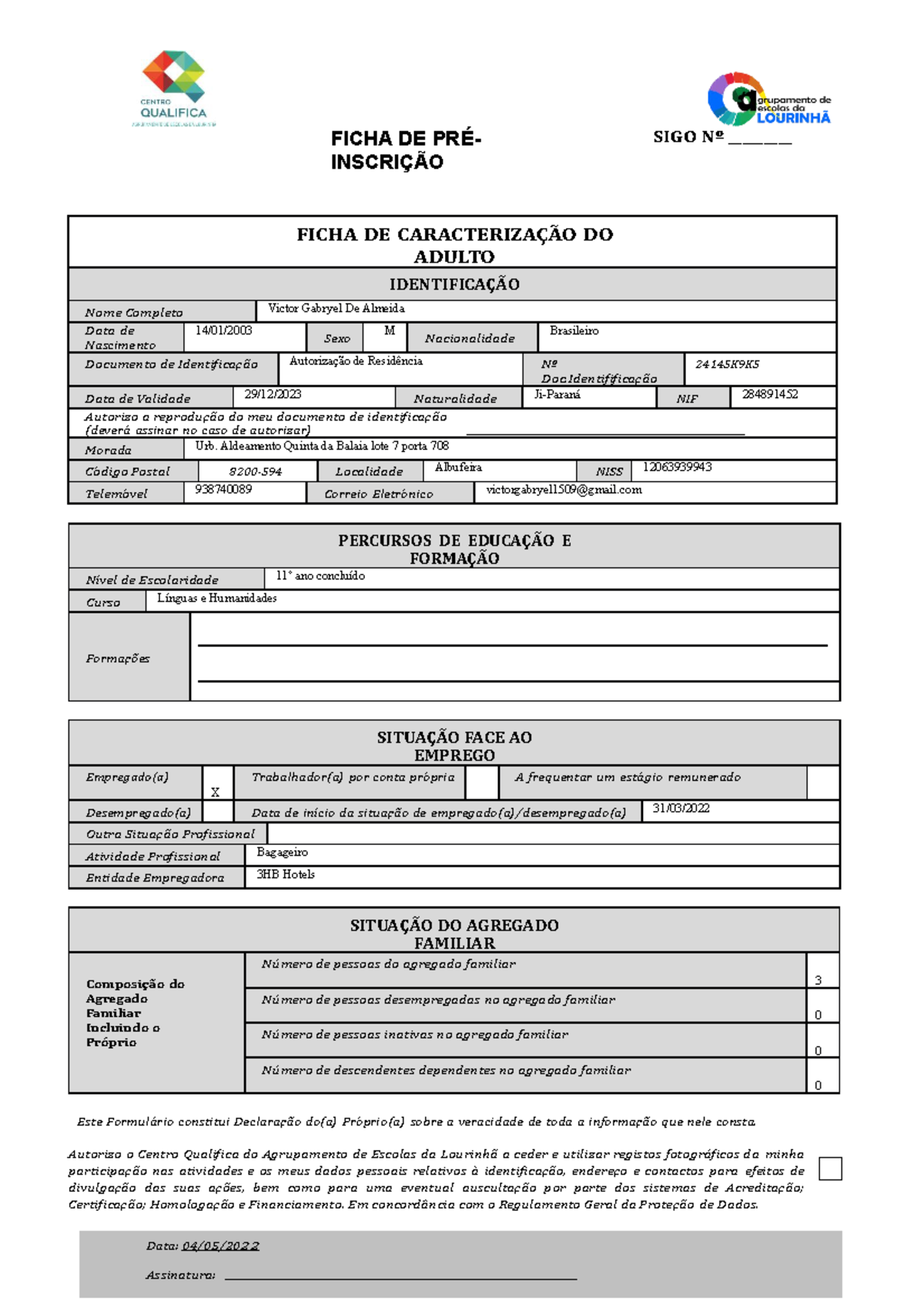 Ficha Pré-Inscrição Qualifica 19-20 Lourinhã - FICHA DE PRÉ- INSCRIÇÃO ...