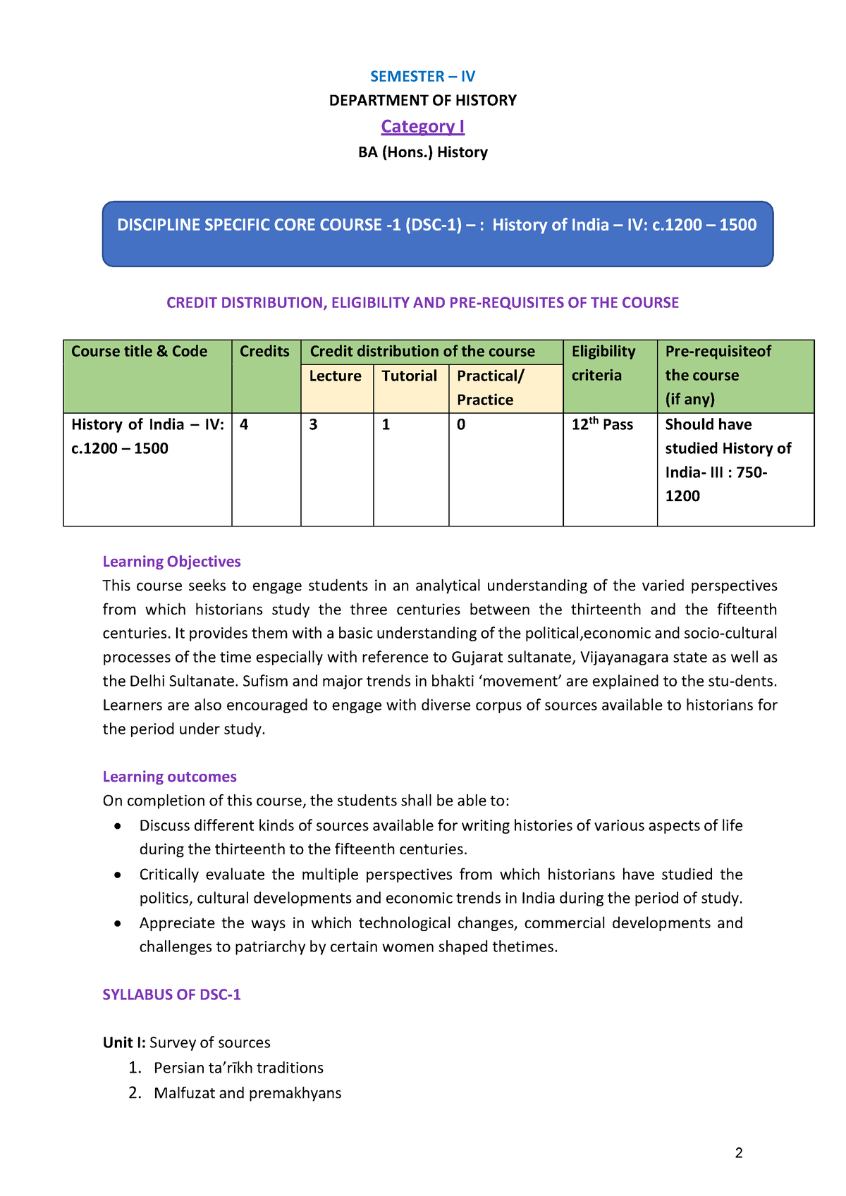 Syllabus Semester 4 - SEMESTER – IV DEPARTMENT OF HISTORY Category I BA ...