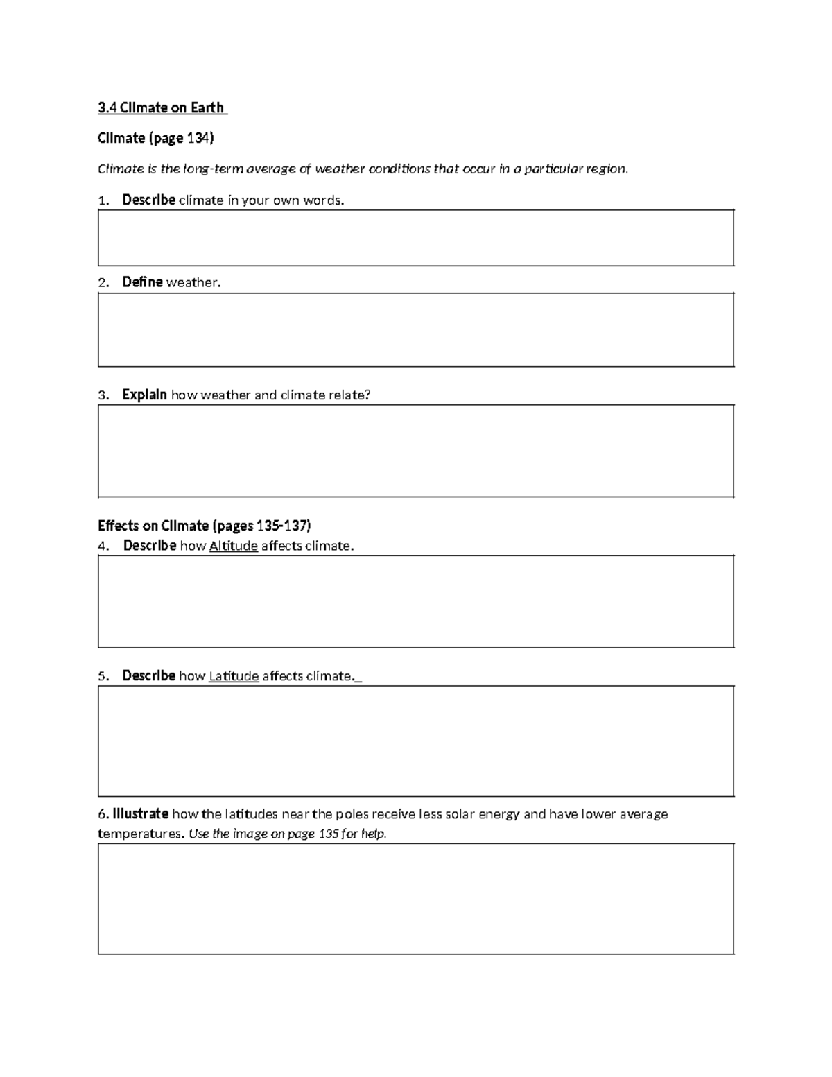 3.4 Climates of Earth Reading Guide - 3 Climate on Earth Climate (page ...