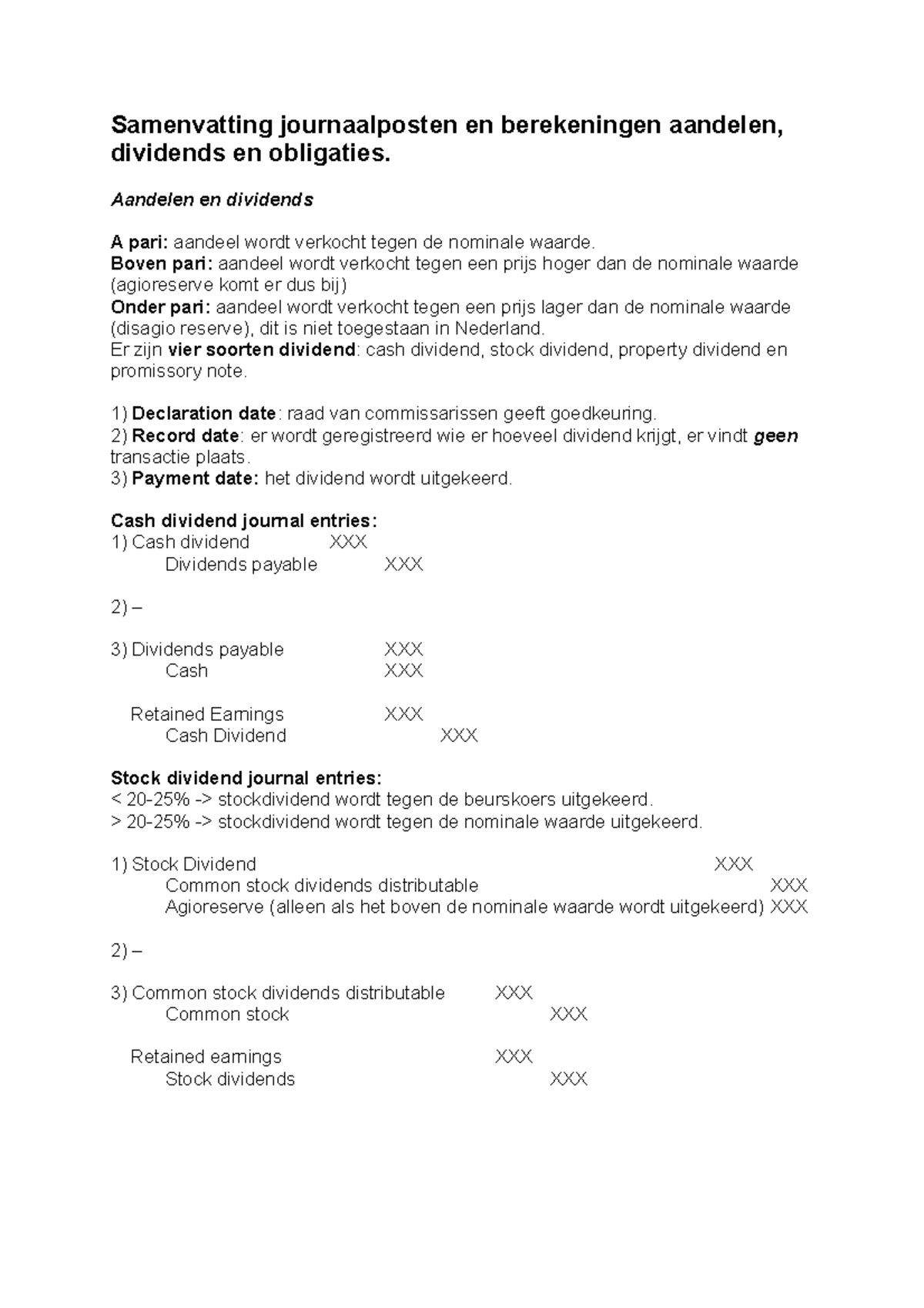 Samenvatting - Journaalposten M.b.t. Aandelen, Dividend En Obligaties ...