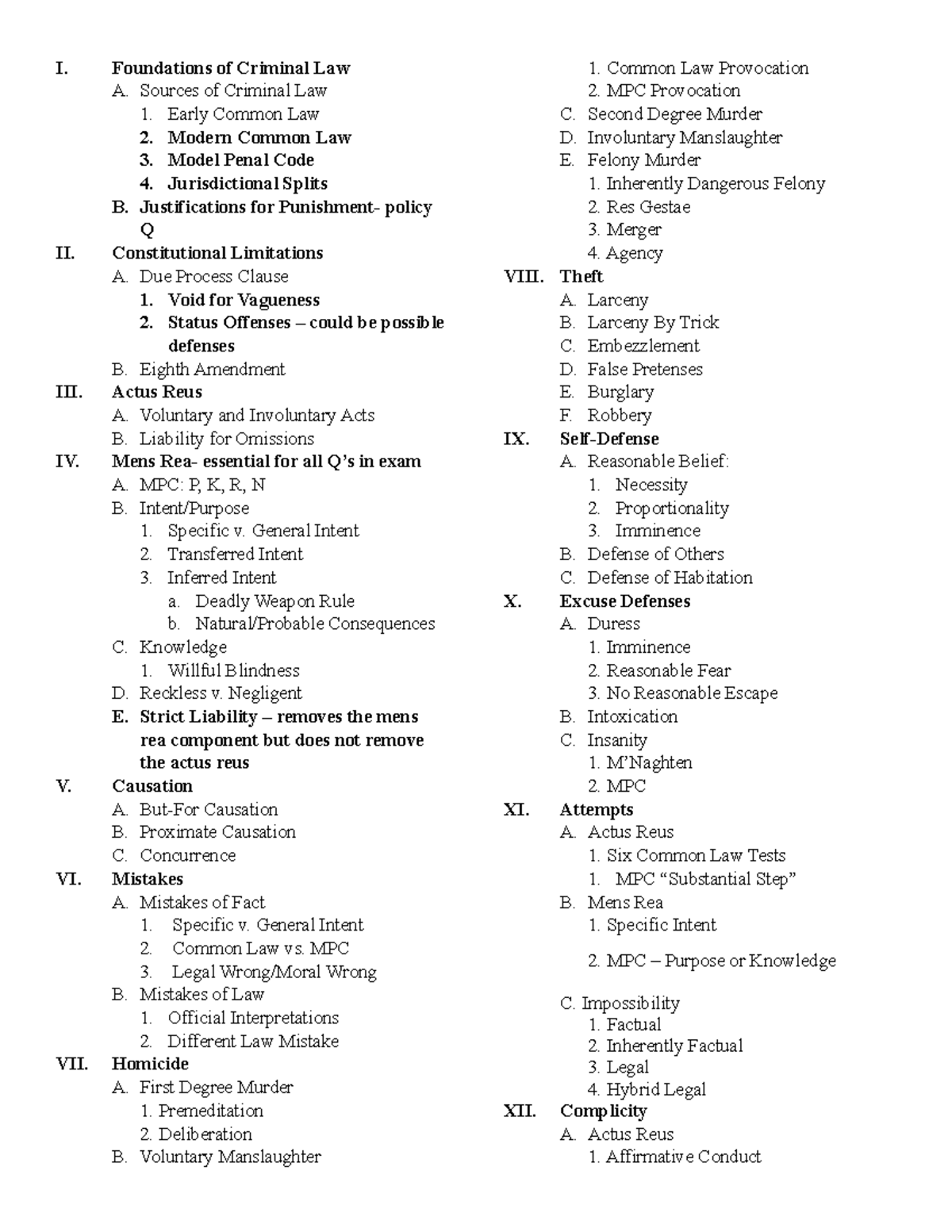 Crim Law Final Exam Checklist - I. Foundations Of Criminal Law A ...