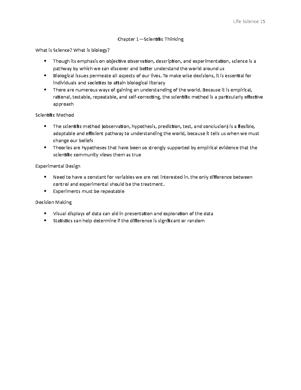 Chapter 1 Notes Summary Life Science 15 Life Science 15 Chapter 1