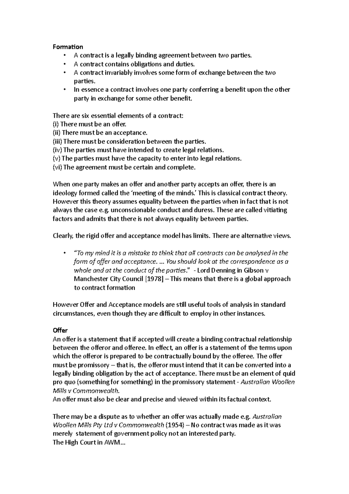 Contracts notes - Formation - A contract is a legally binding agreement ...