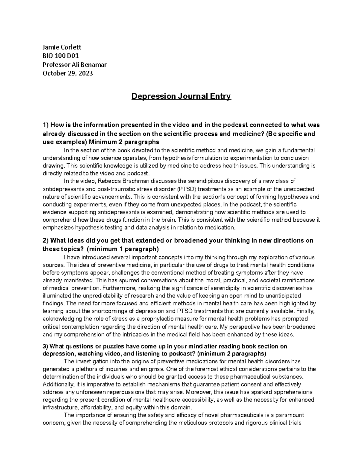 Depression Journal Entry - Jamie Corlett BIO 100 D Professor Ali ...
