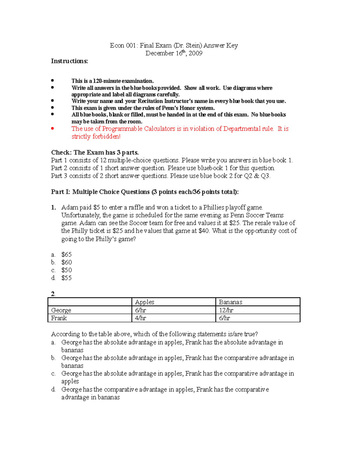 Final F 2009 a Answer Key - Econ 001: Final Exam (Dr. Stein) Answer Key ...