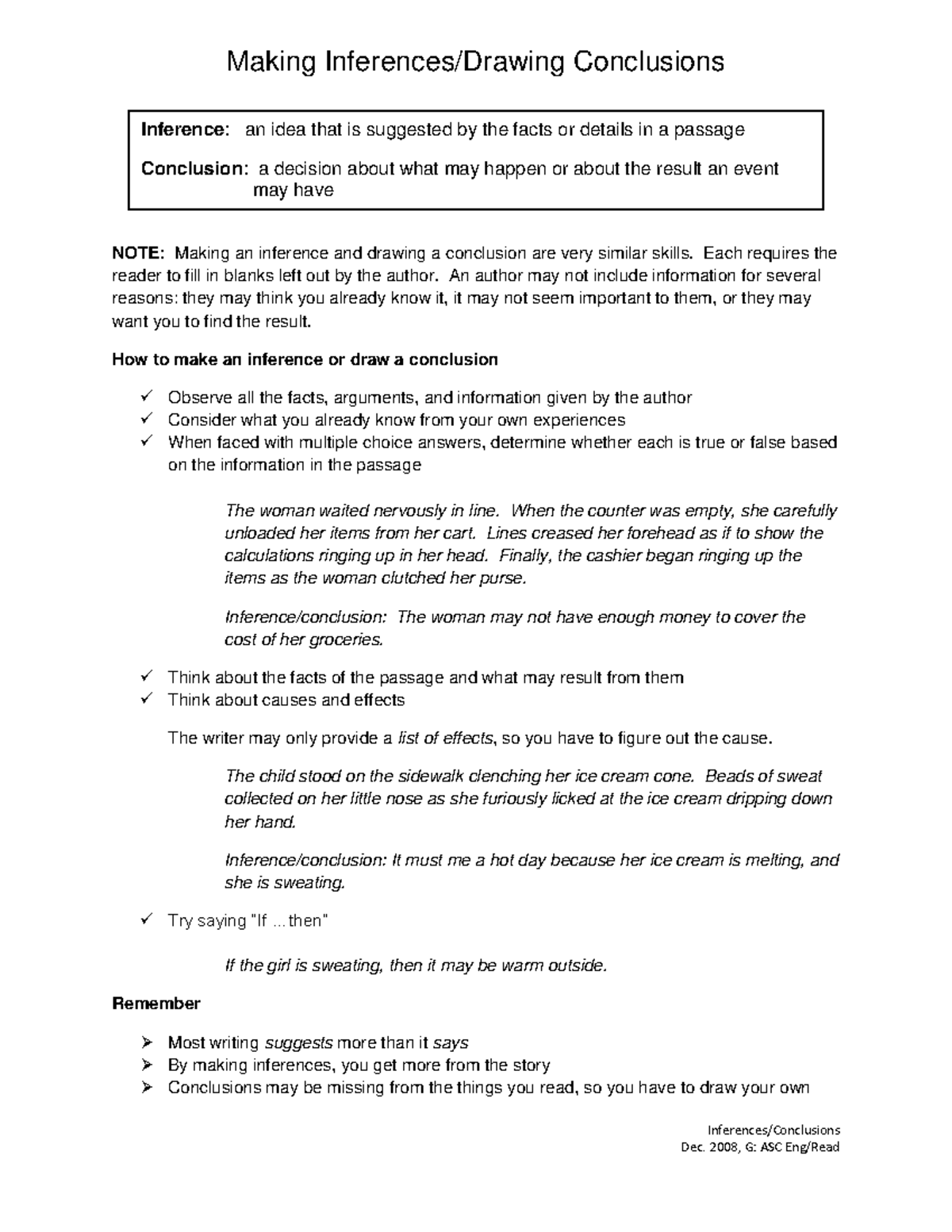 Making Inferences Drawing Conclusions (1) 221217 162330 Inferences/Conclusions Dec. 2008, G