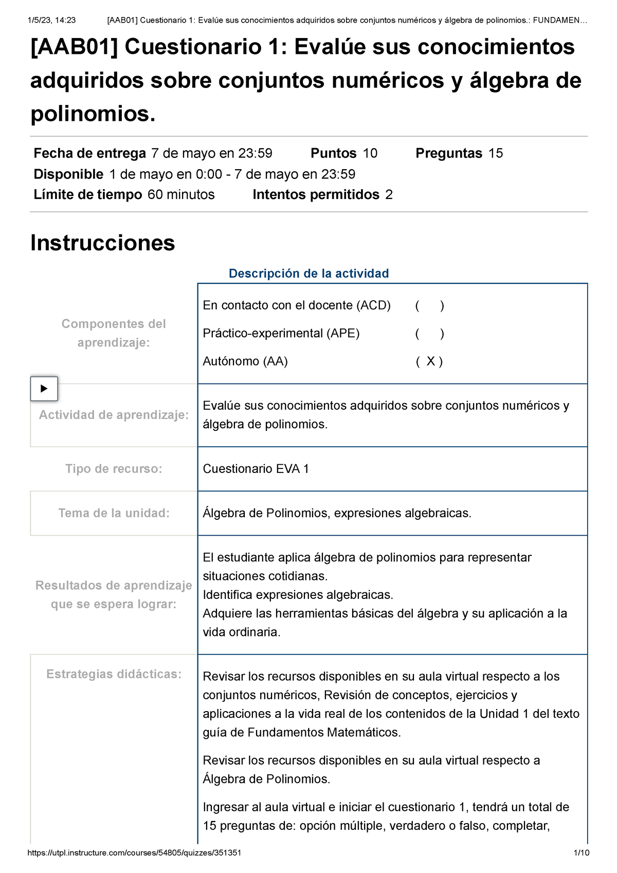 Fundamentos 2 - CUESTIONARIO - [AAB01] Cuestionario 1: Evalúe Sus ...