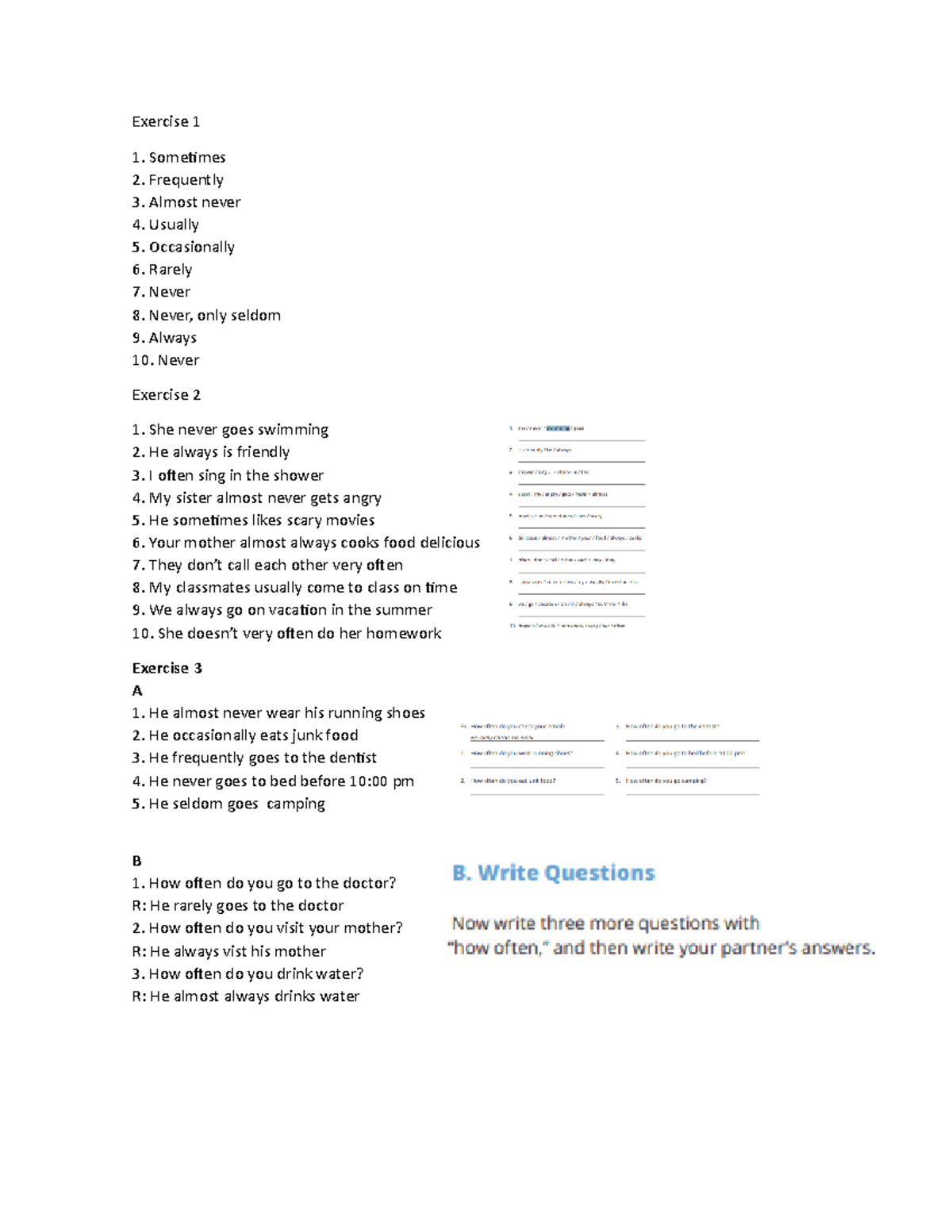 Ingles - inglés - Exercise 1 Sometimes Frequently Almost never Usually ...