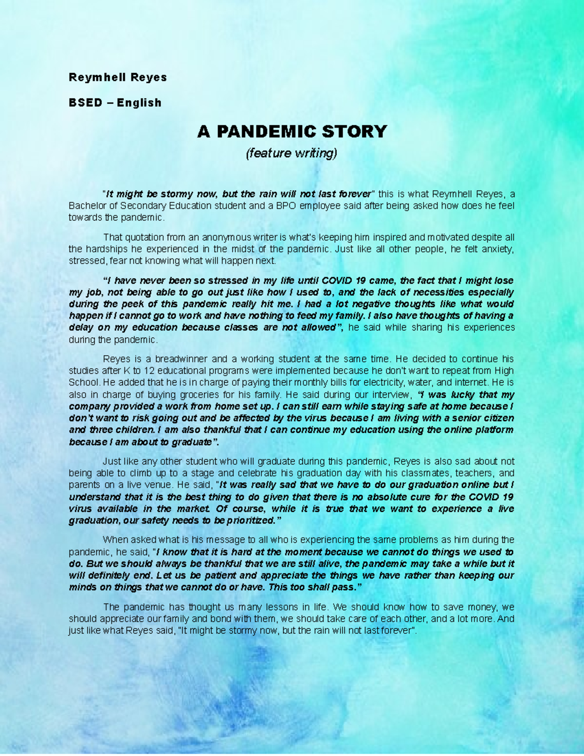 Feature Writing in Campus Journalism - Reymhell Reyes BSED – English A ...