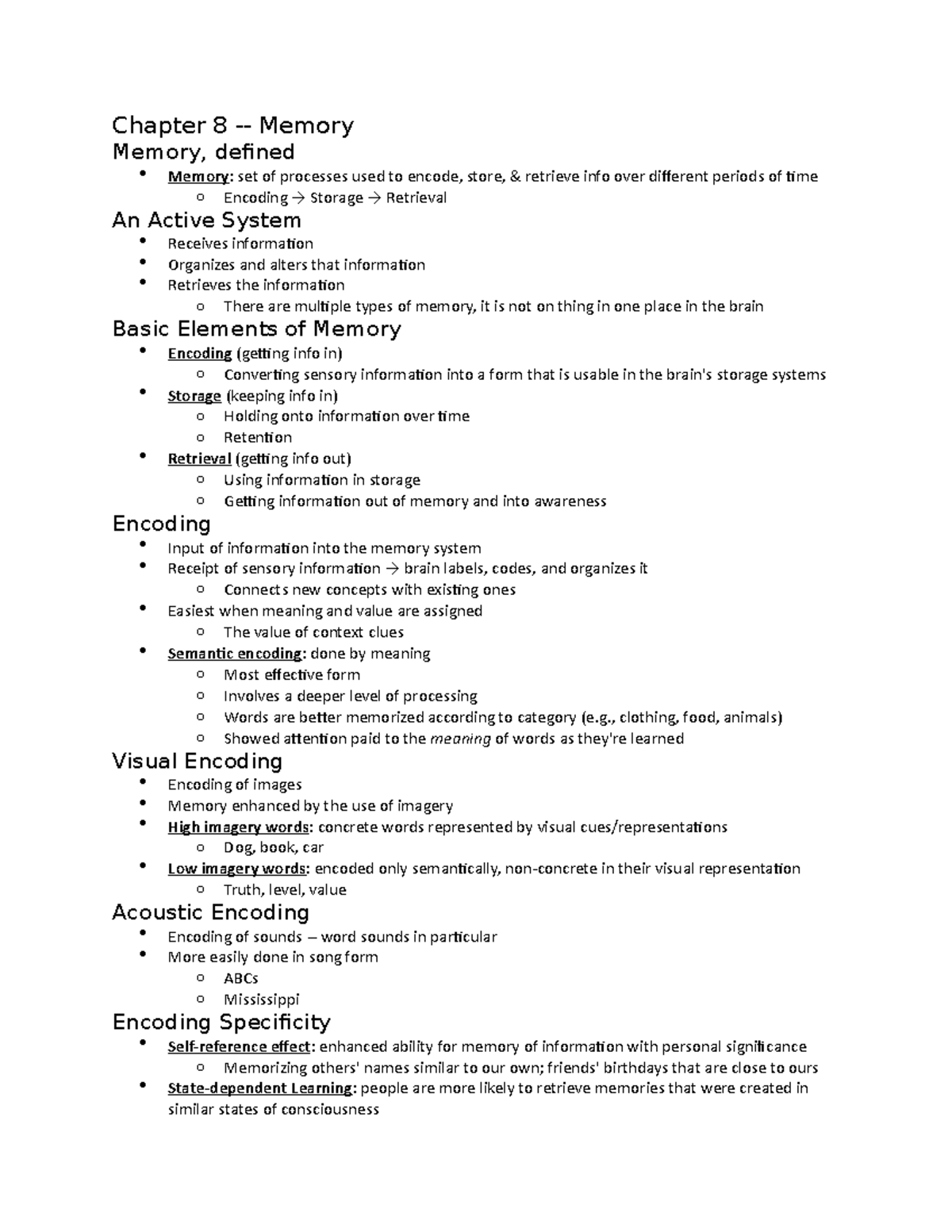 Psych chapter 8 - Chapter 8 - Memory Memory, defined Memory: set of ...