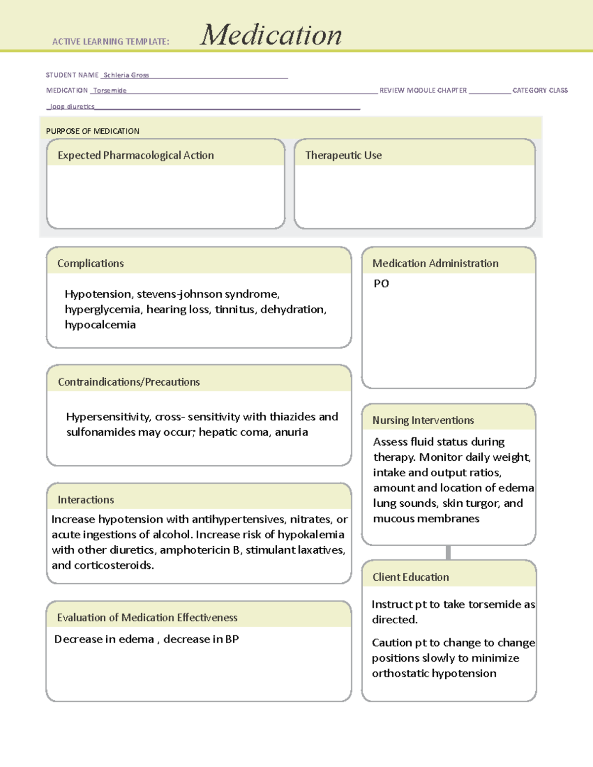 Torsemide Medication Template - STUDENT NAME Schleria Gross