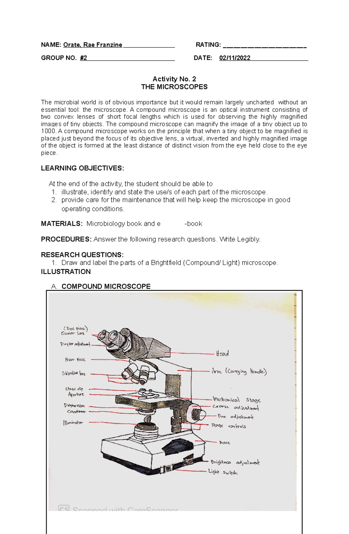 2022 Microlab Activity 2 The Microscopes NAME Orate, Rae Franzine
