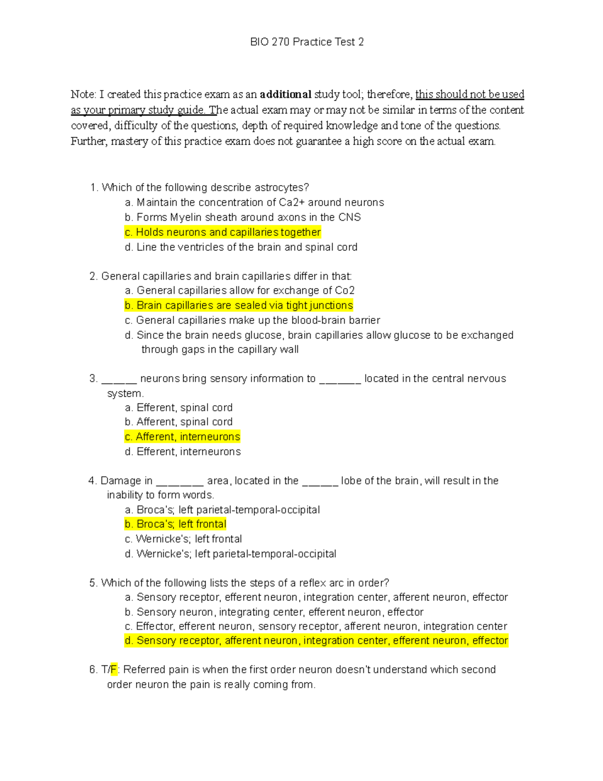 JMU BIO270 Practice Test 2 Answer Key BIO 270 Practice Test 2 Note I