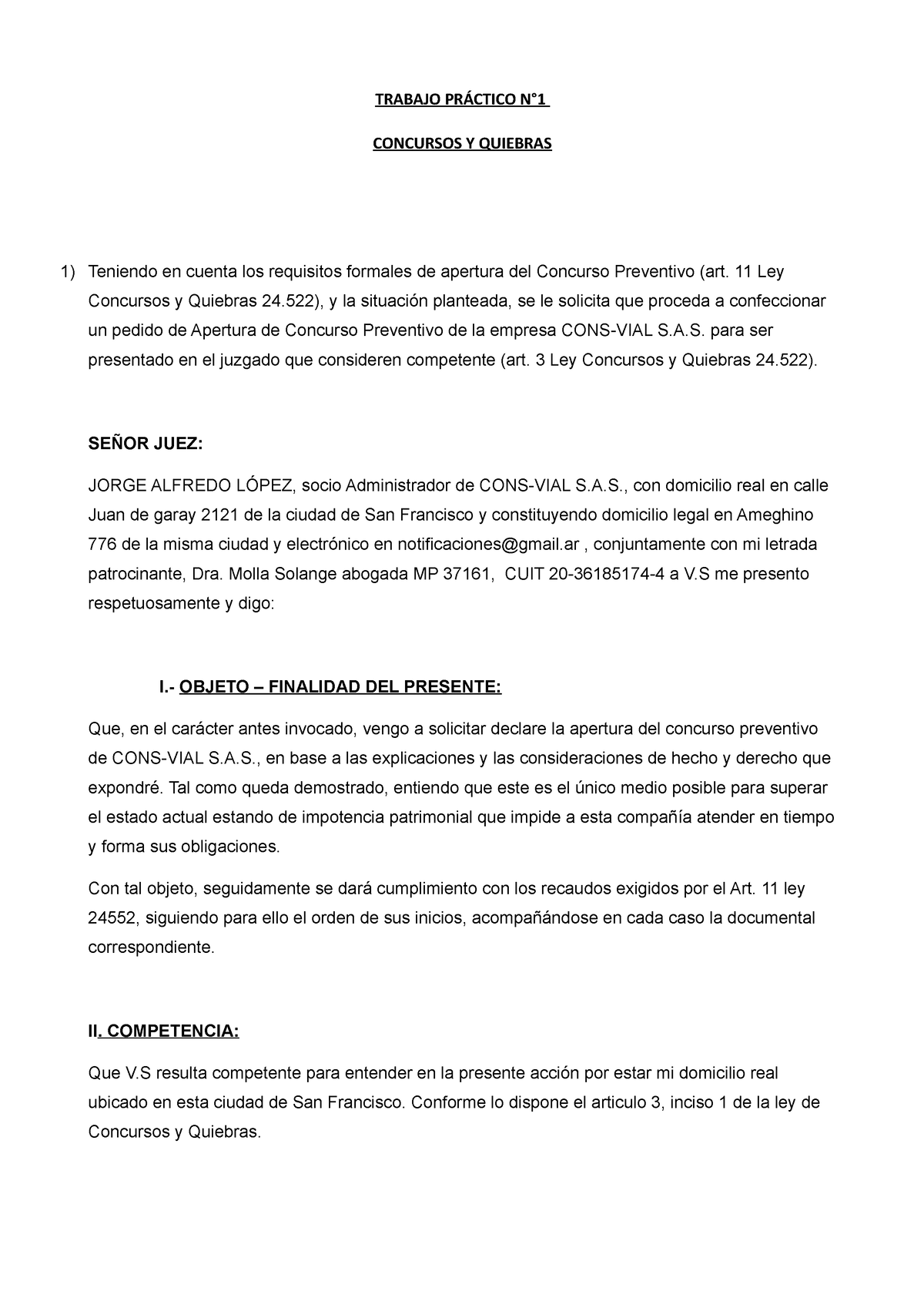 Trabajo Práctico 1 Concursos Y Quiebras - TRABAJO PRÁCTICO N° CONCURSOS ...