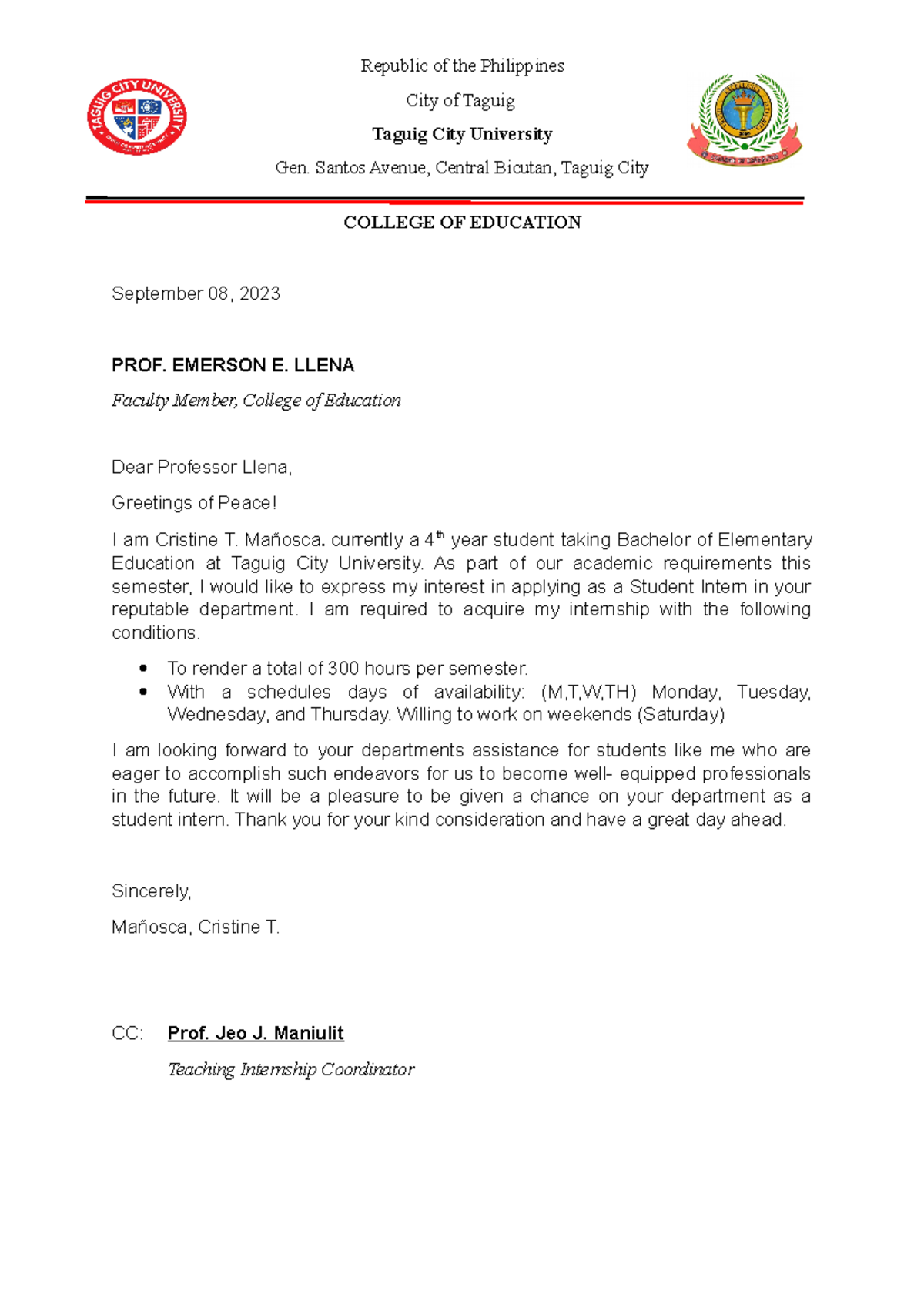 Letter of Intent - Alligiance - Republic of the Philippines City of ...