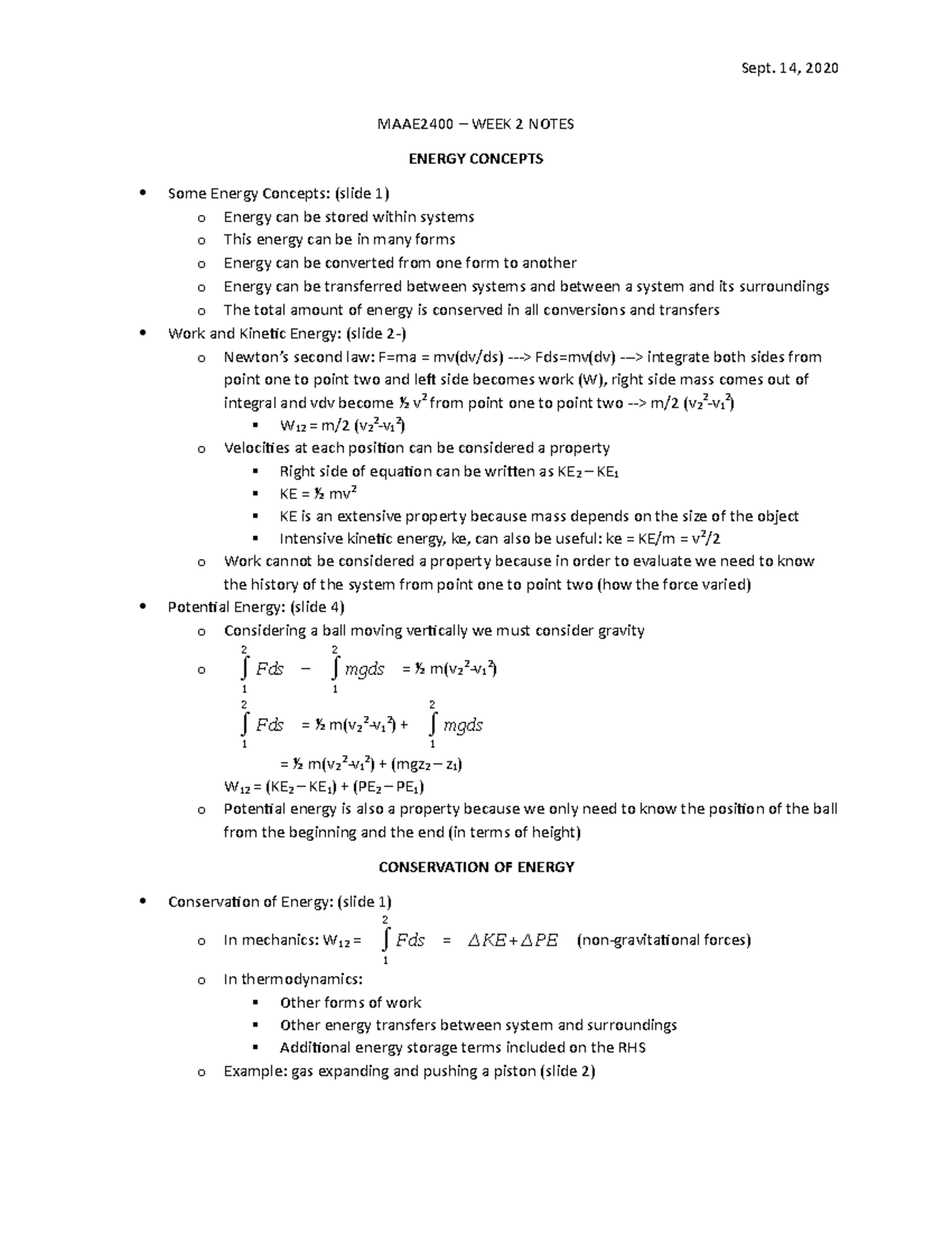 Week 2 - Lecture notes 2-3 - MAAE2400 – WEEK 2 NOTES ENERGY CONCEPTS ...