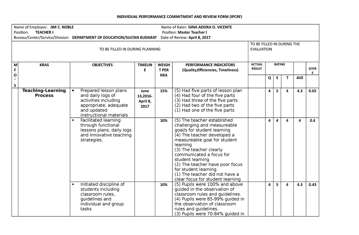 Ipcrf jim 2016-2017 - wala lang pud - INDIVIDUAL PERFORMANCE COMMITMENT ...