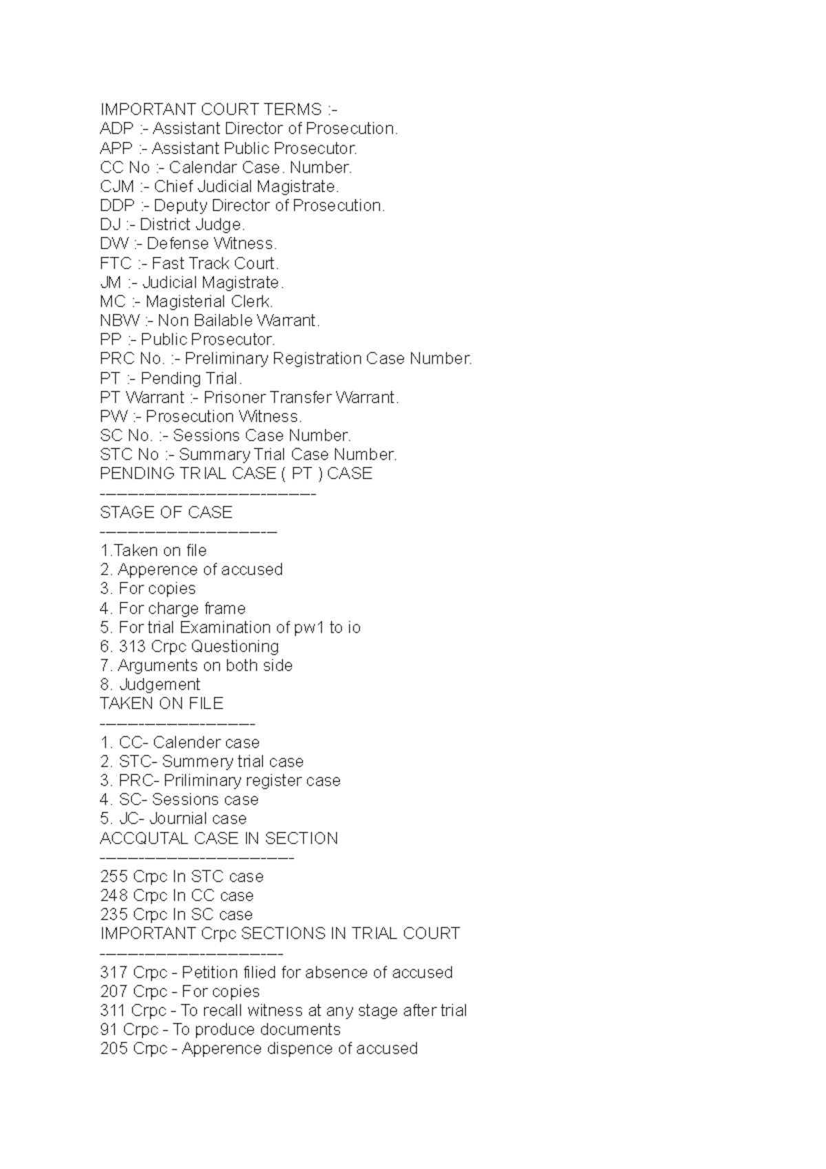 Full forms IMPORTANT COURT TERMS ADP Assistant Director of