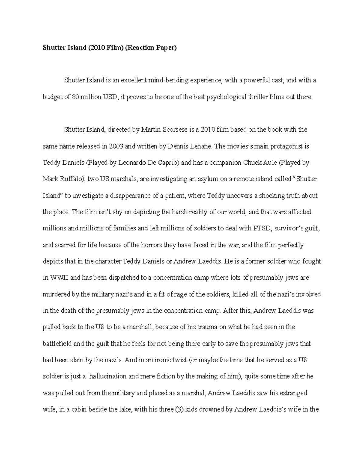 Shutter Island (2010 Film) (Reaction Paper) Shutter Island, directed