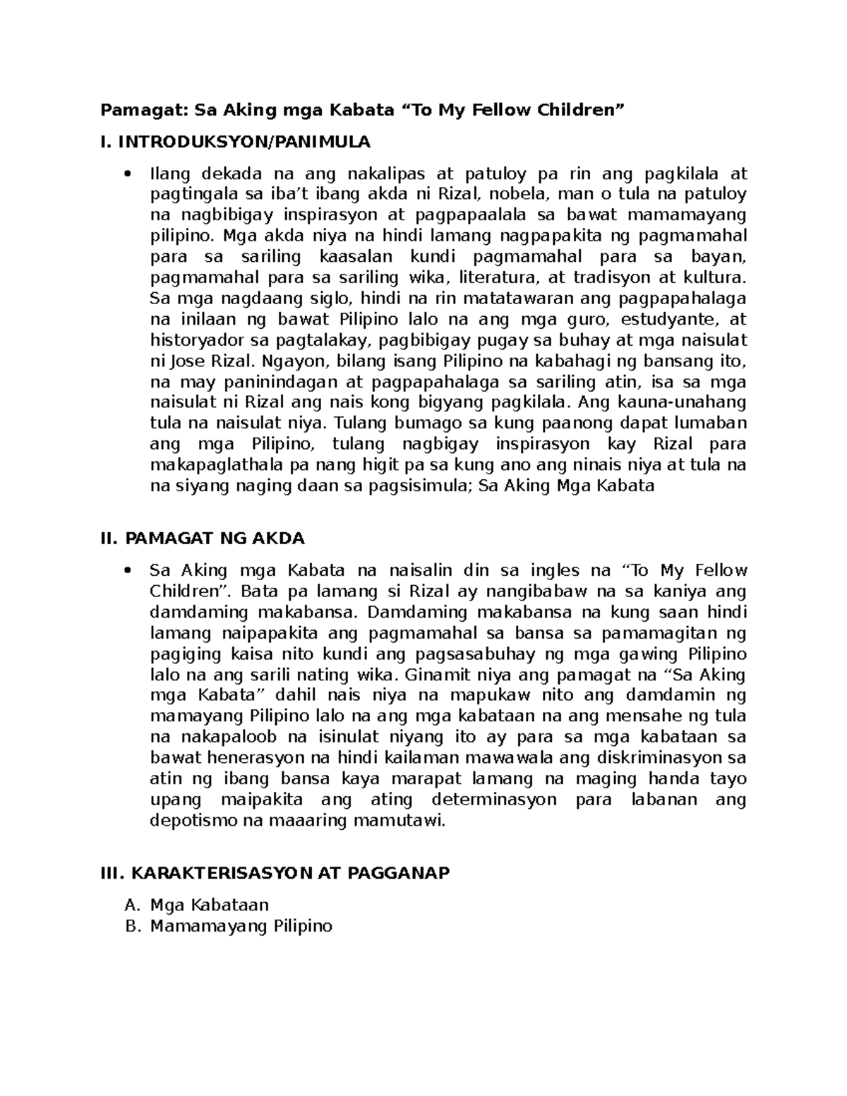 Sa Aking Mga Kabata To My Fellow Children - INTRODUKSYON/PANIMULA Ilang ...