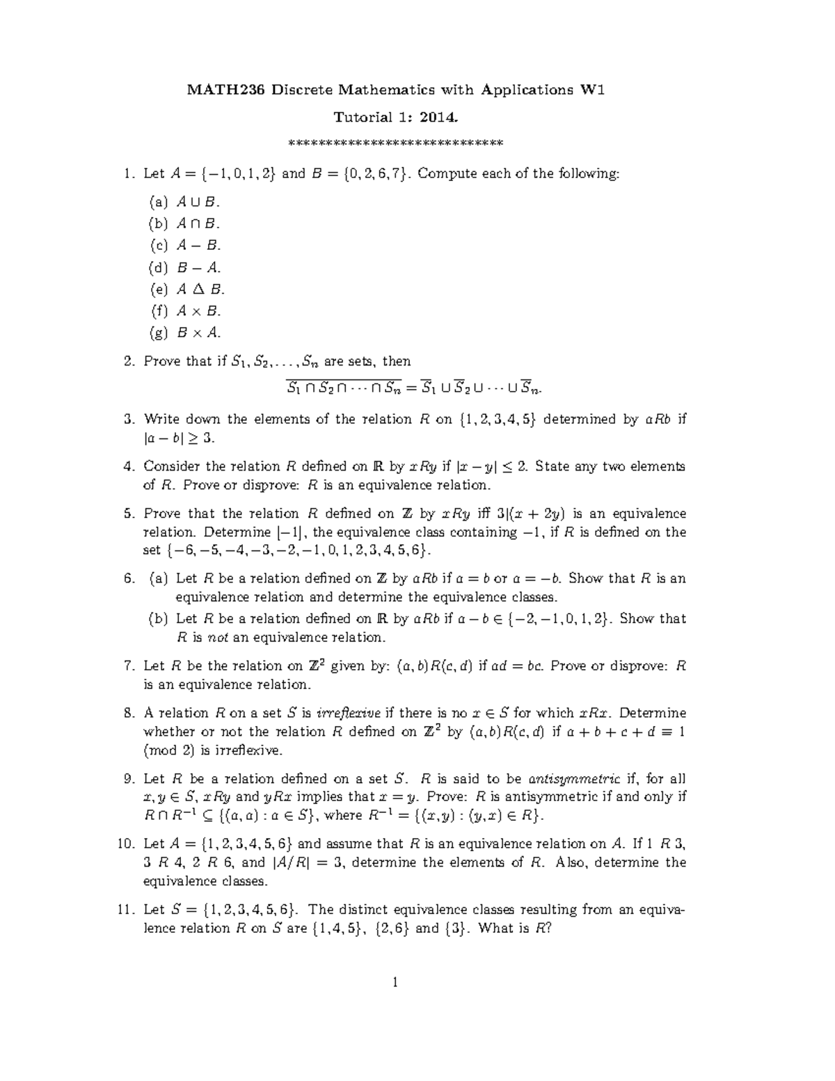 Tutorial 1 - MATH236 Discrete Mathematics with Applications W Tutorial ...