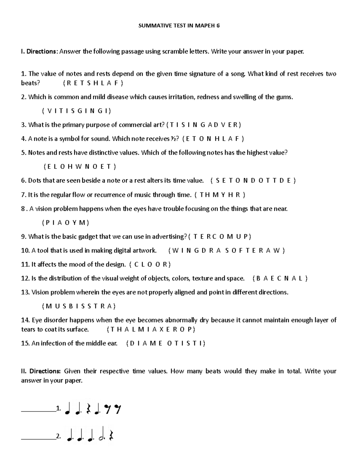 Summative TEST 1 IN Mapeh 6 - SUMMATIVE TEST IN MAPEH 6 I. Directions ...