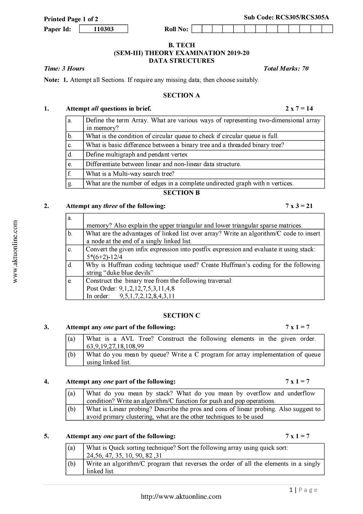 Btech Cs 3 Sem Data Structures Rcs305 2020 - Printed Page 1 Of 2 Sub ...