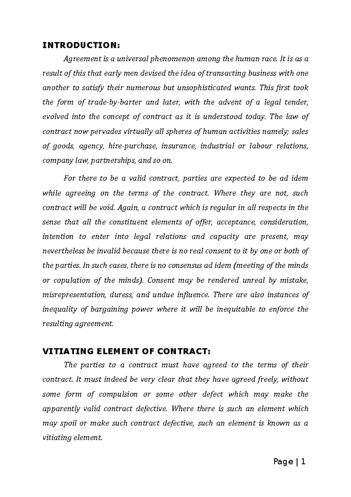 Vitiating Elements of a Contract - INTRODUCTION: Agreement is a ...
