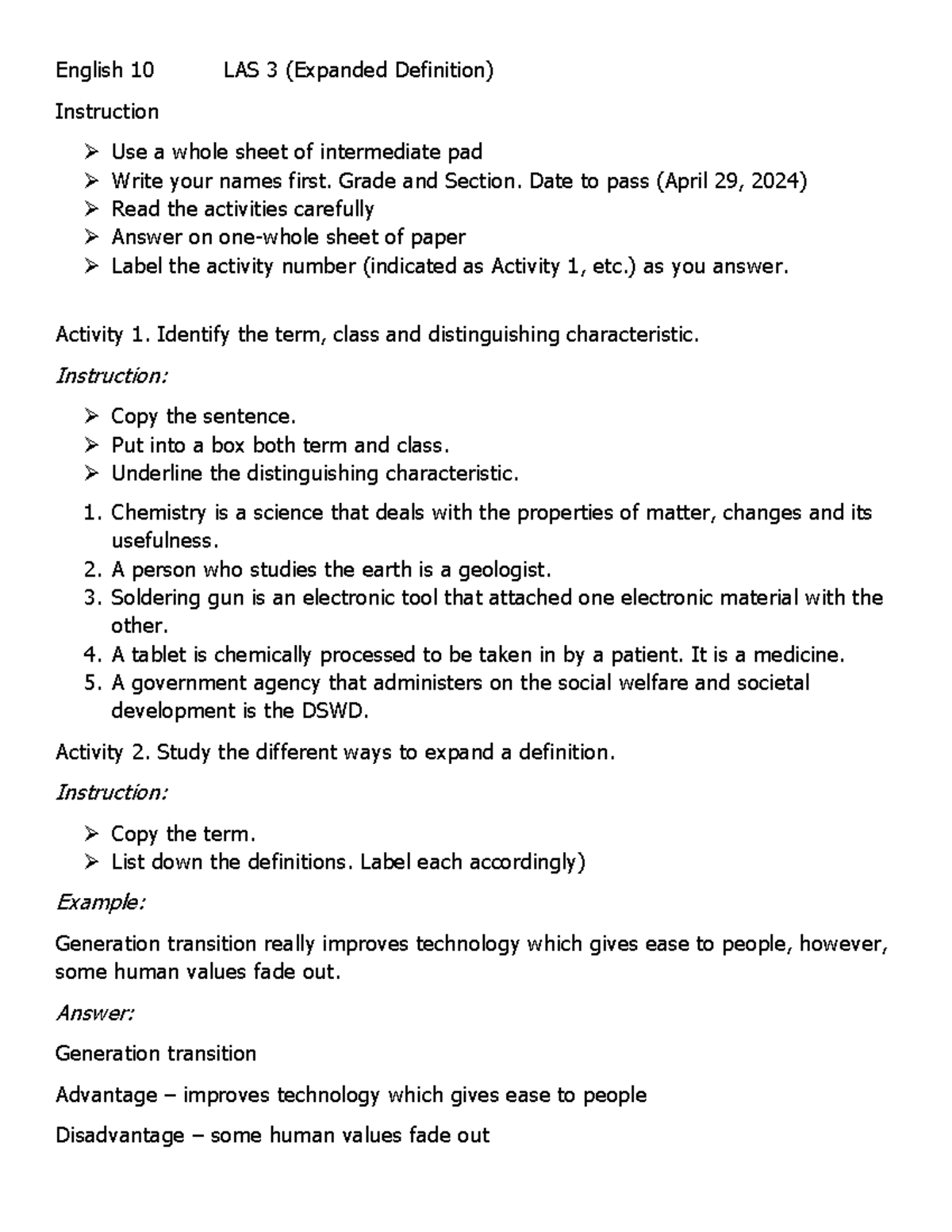 English X Q4 LAS3 English 10 LAS 3 (Expanded Definition) Instruction