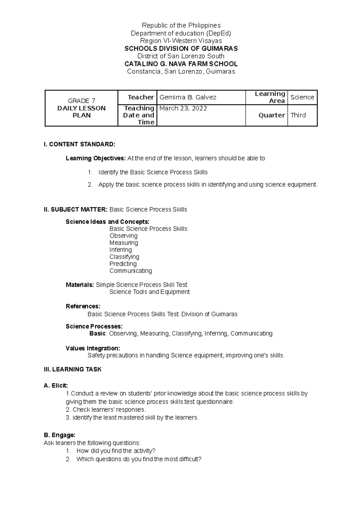 Lesson PLAN IN Grade 7 Science-Farm School 2 - Republic of the ...