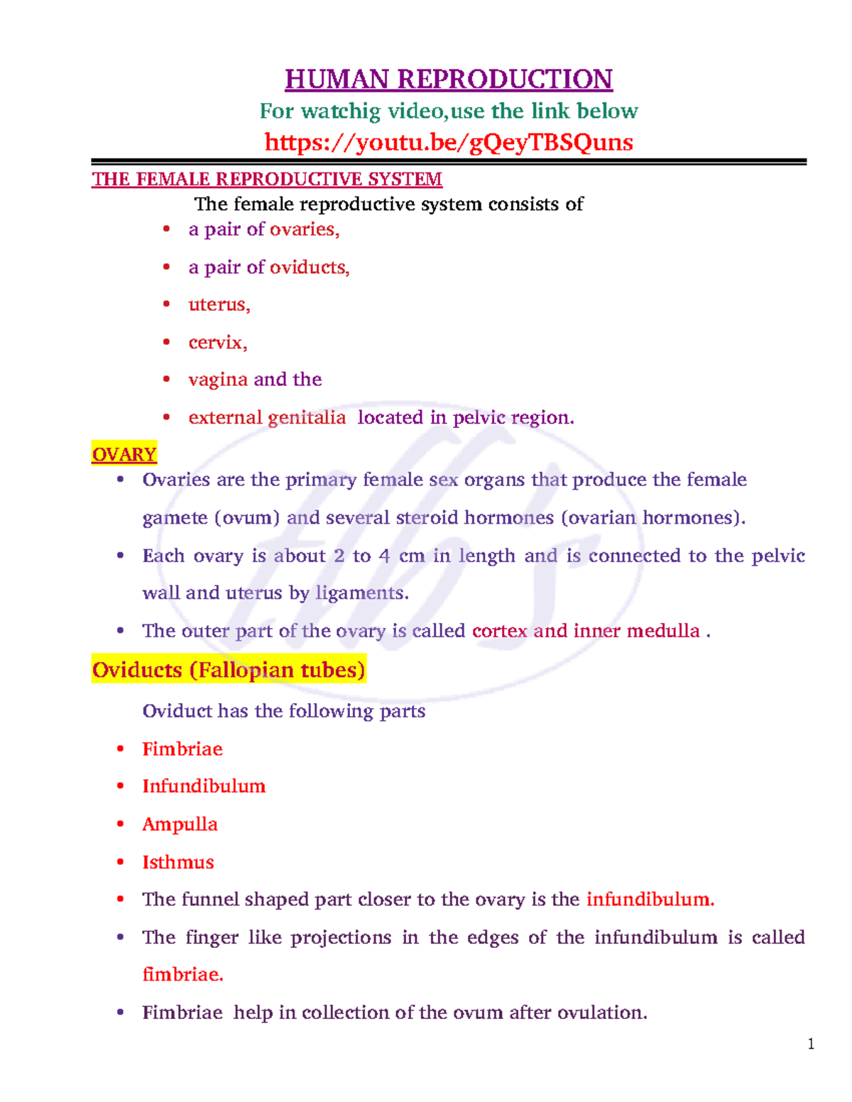Female reproduction notes - HUMAN REPRODUCTION For watchig video,use ...