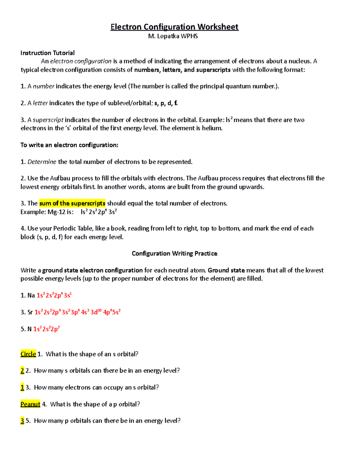 Electron Configuration Worksheet-1 - Lopatka WPHS Instruction Tutorial ...