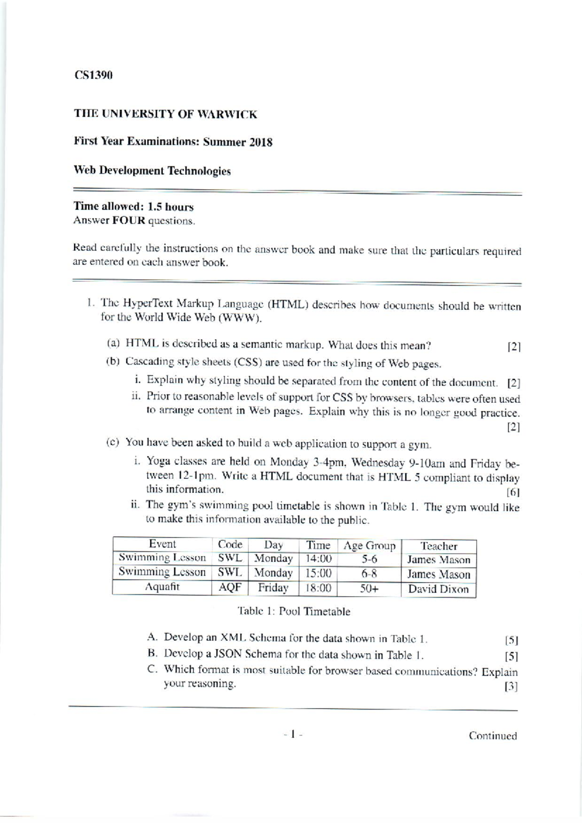 Cs1390 - Past papers from Warwick School of Information technology ...