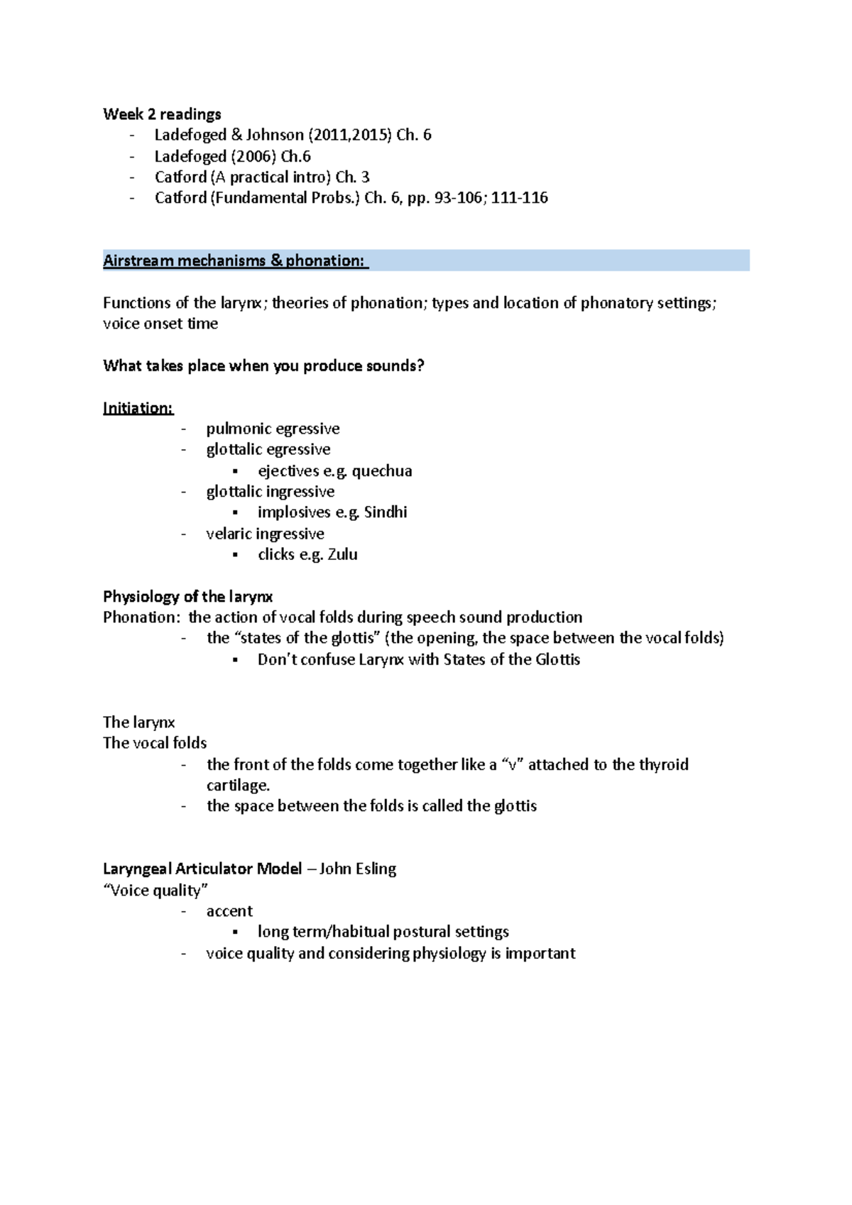 W2L1 - Lecture Notes For Week 2 L1 - Week 2 Readings - Ladefoged ...