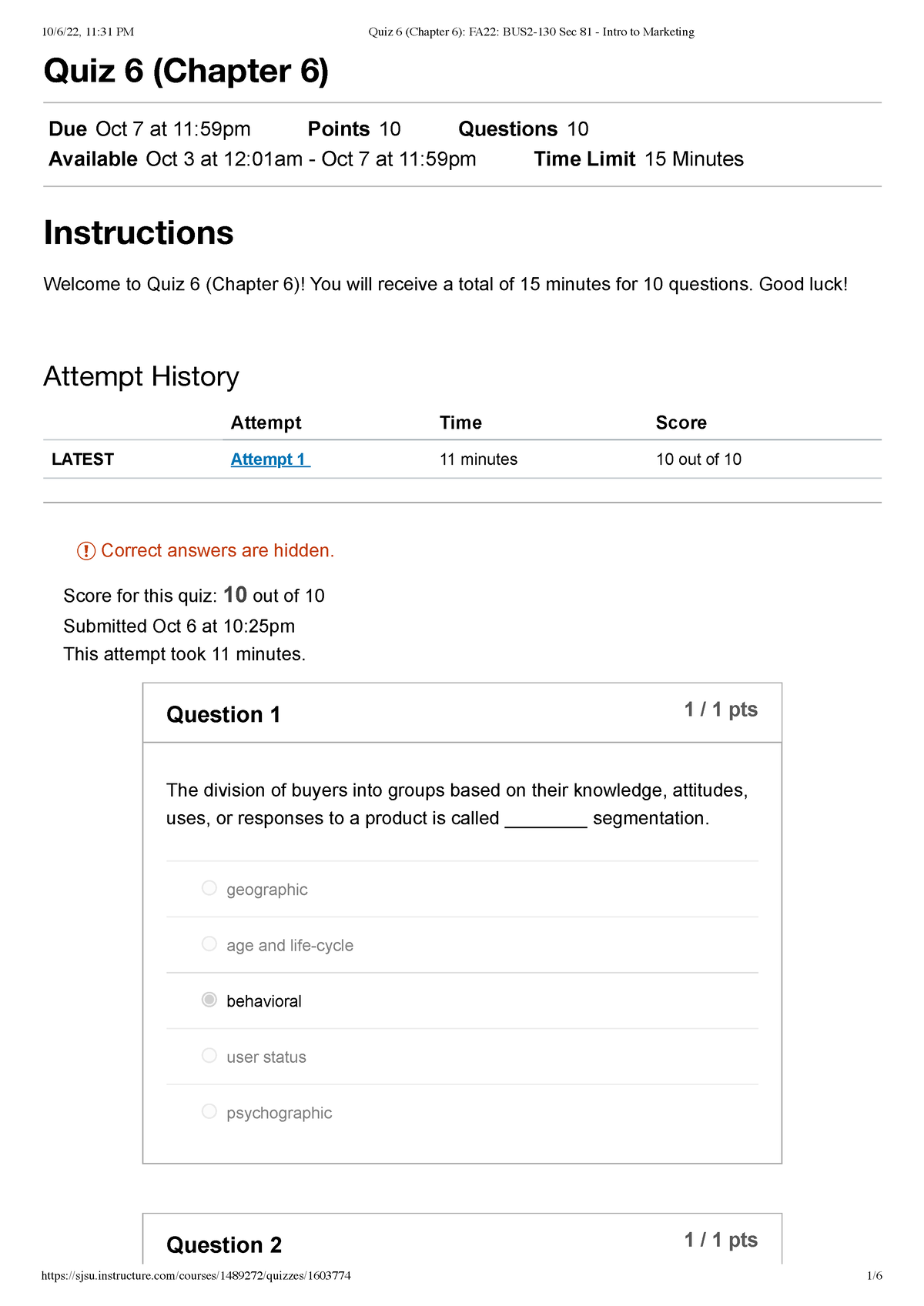Quiz 6 (Chapter 6) FA22 BUS2-130 Sec 81 - Intro To Marketing - Quiz 6 ...
